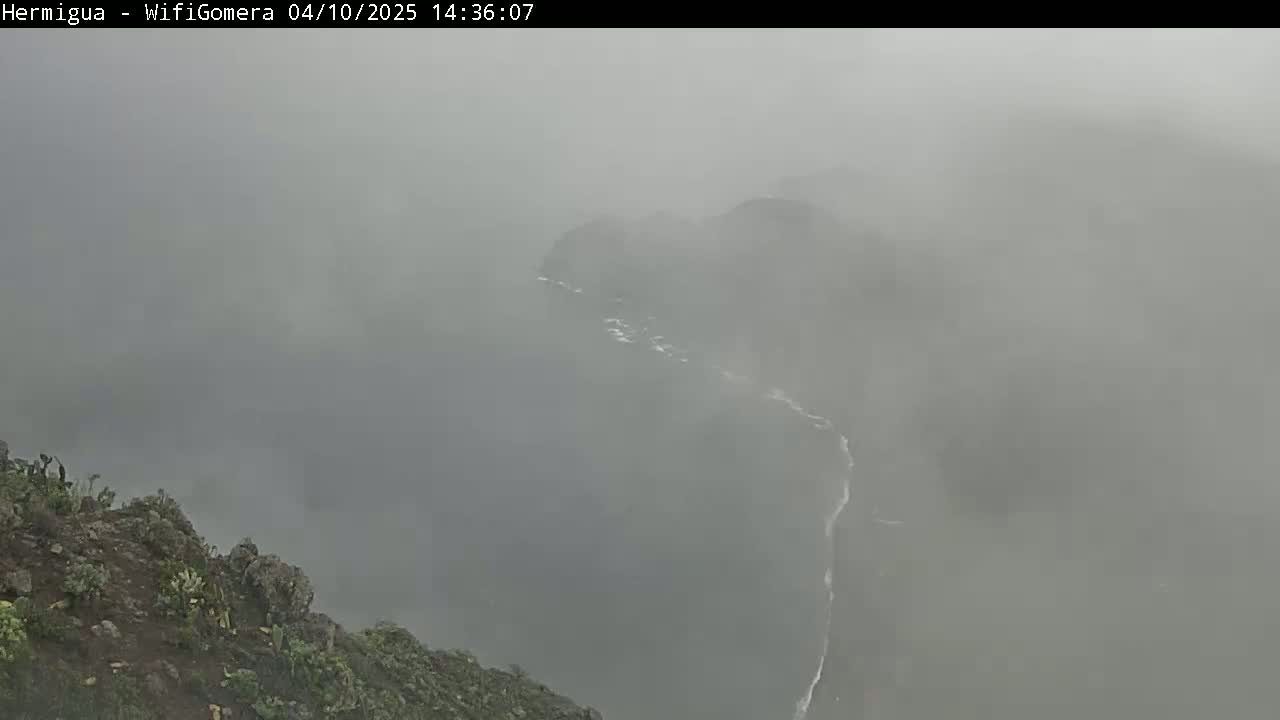 A foggy, mountainous landscape is seen from a high vantage point, showing a cliffside with sparse vegetation and a waterfall cascading down a steep incline into the mist.