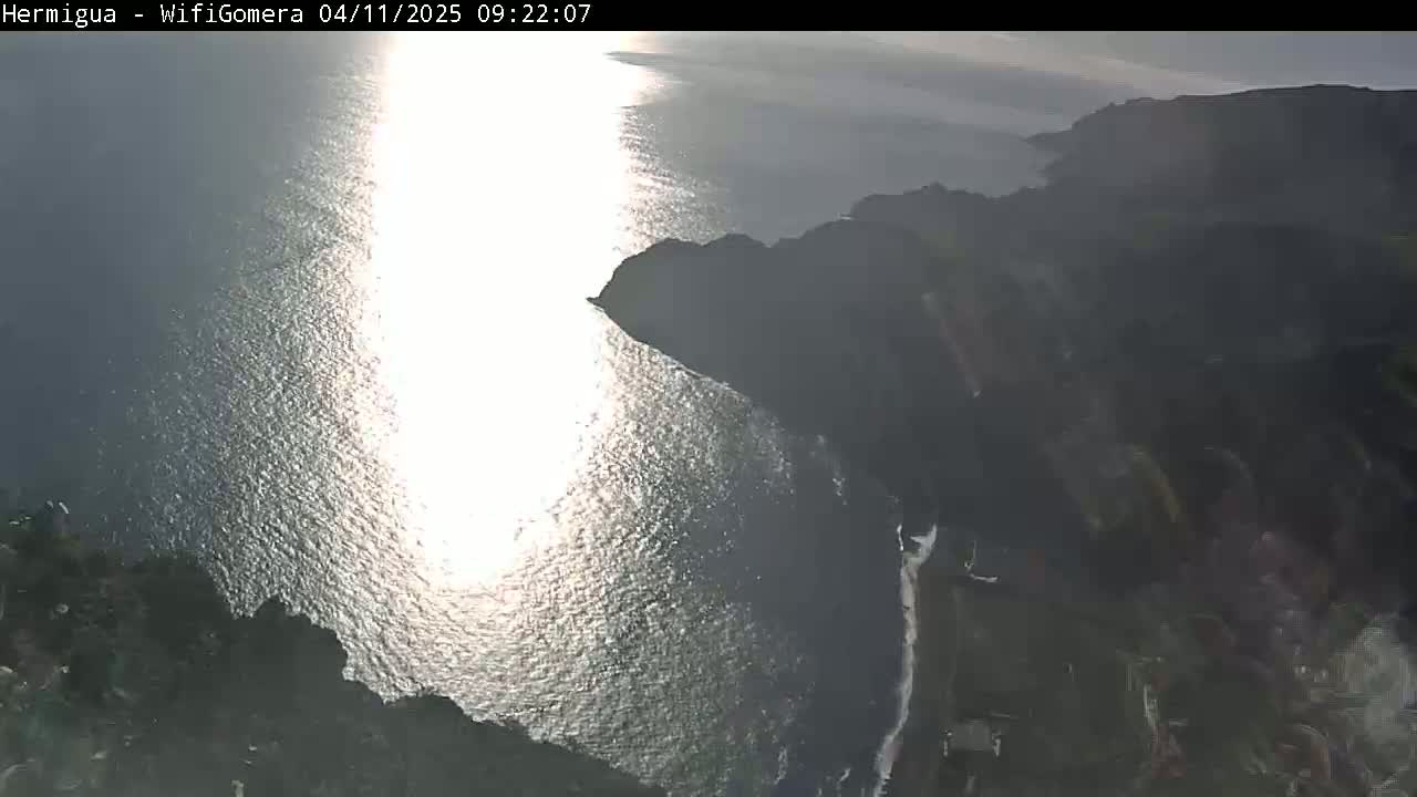 A bright, sunlit ocean reflects light onto the water, next to a dark, rocky coastline.