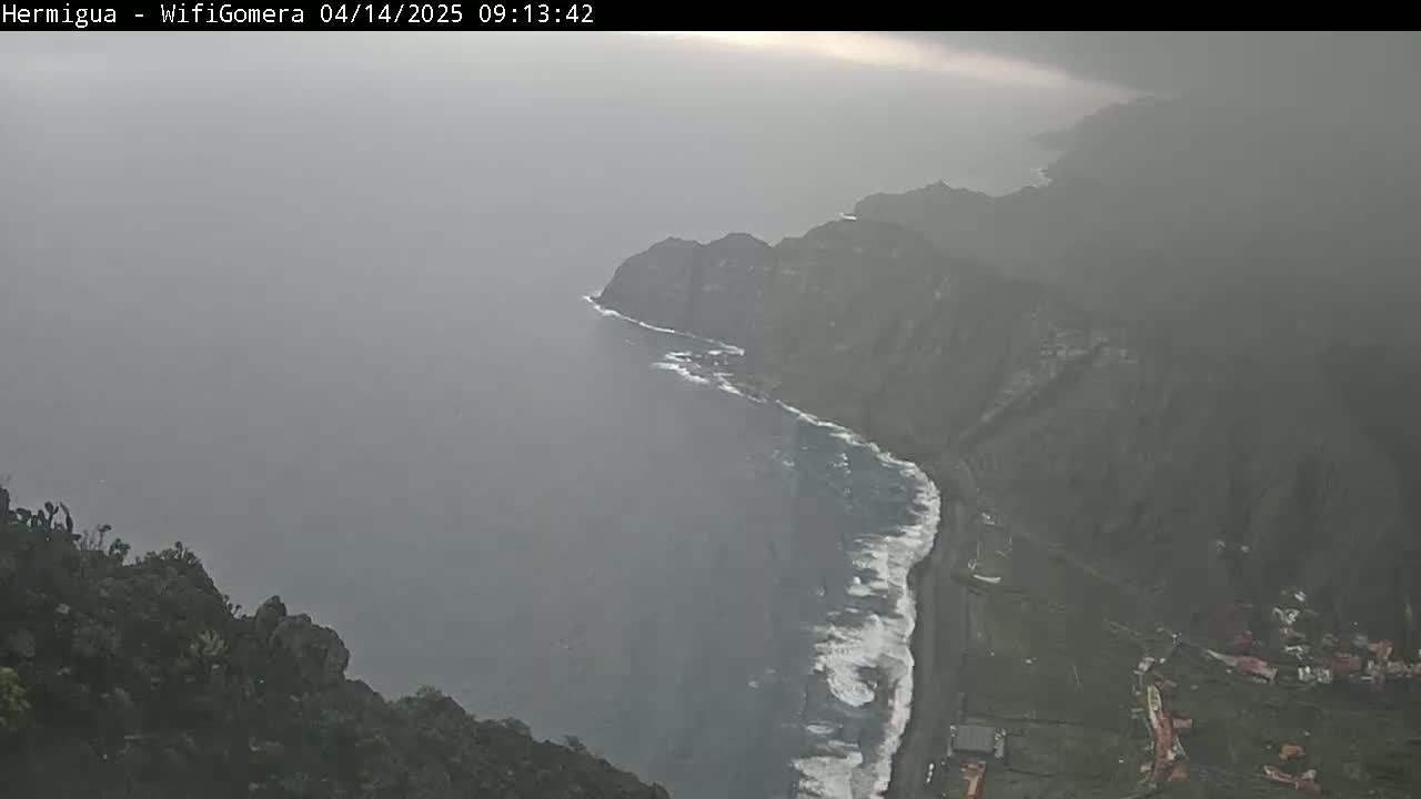 A foggy coastal view shows dark cliffs meeting a wavy ocean, with a sliver of land visible between the water and the cliffs.