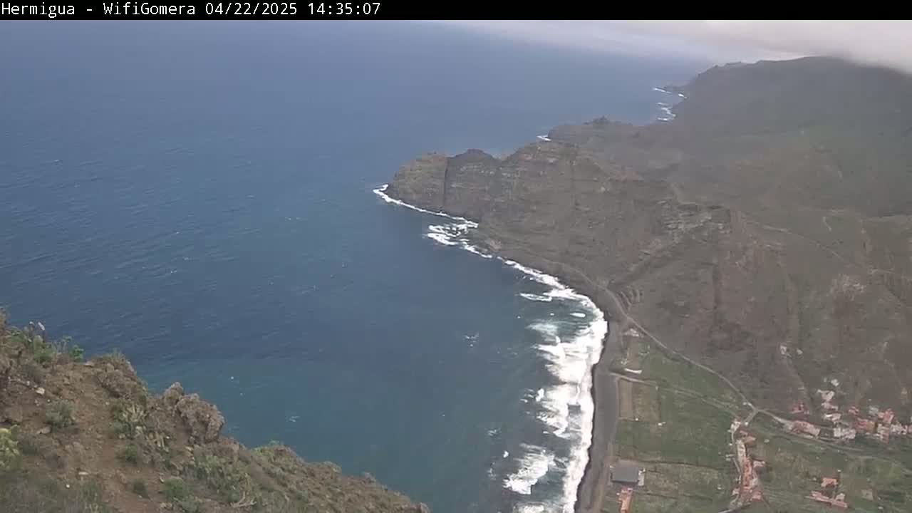 A high-angle view shows dark-colored cliffs meeting a dark-blue ocean with white-capped waves crashing on a black-sand beach under an overcast sky.