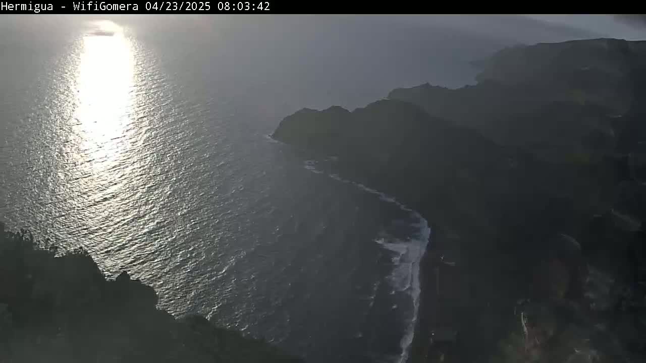 A high-angle, long shot shows a rocky coastline meeting a calm ocean reflecting sunlight on a hazy day.