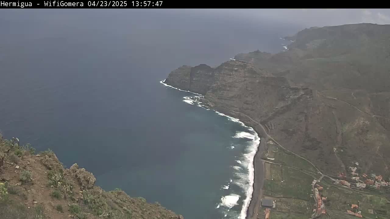 A high-angle view shows dark-colored cliffs meeting a dark-blue ocean with white waves along a black-sand beach, under an overcast sky.