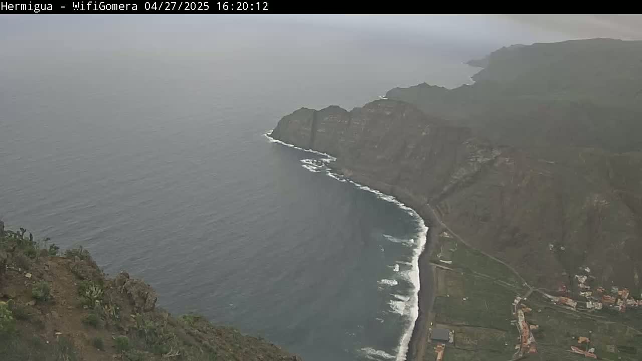 A hazy view shows a dark, rocky coastline with a dark-sand beach meeting a dark-grey ocean under an overcast sky.