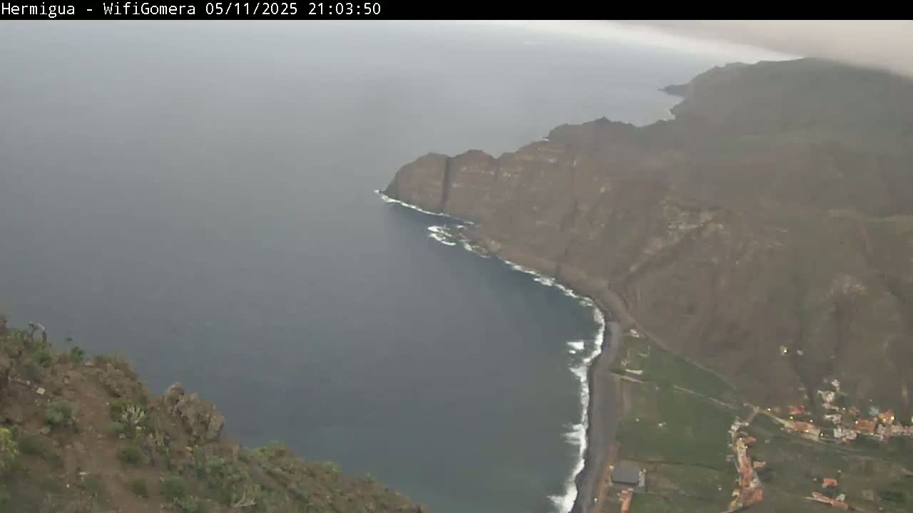 A hazy coastal view shows dark-colored cliffs meeting a dark-gray ocean with small waves along a dark-sand beach, with some sparse vegetation visible on the land.