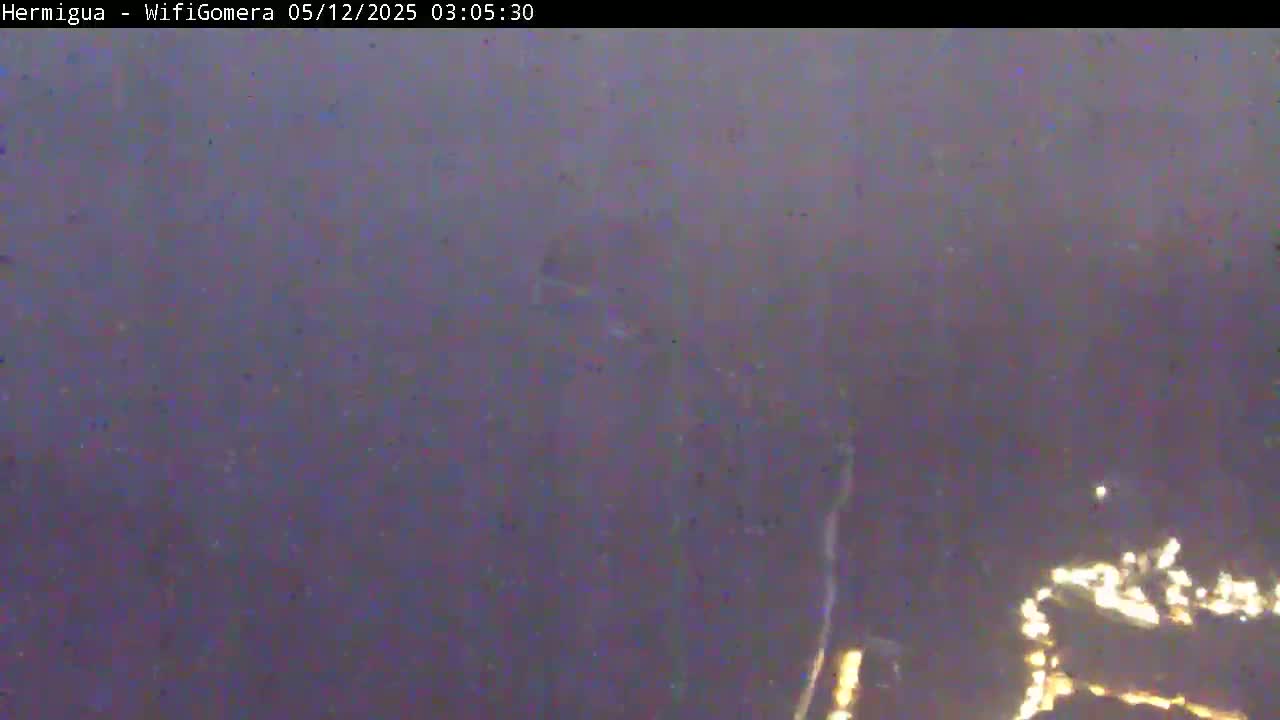 A blurry, nighttime image shows a dark landscape with a few distant lights visible at the bottom.