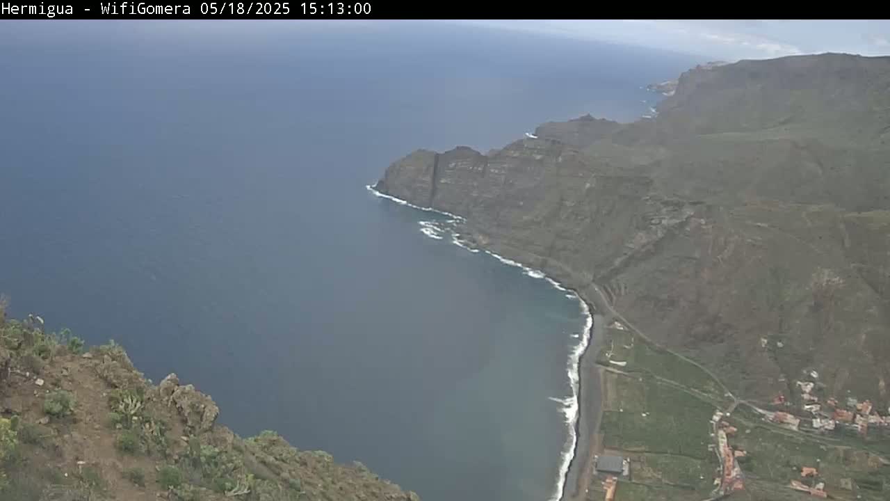 A high-angle view shows a dark-blue ocean meeting a rugged, dark-brown coastline under an overcast sky.