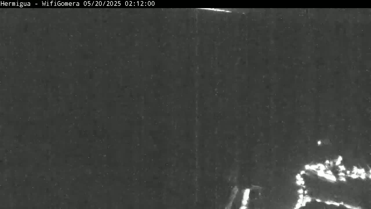 A low-light image shows a dark, mostly featureless scene at night, with a few bright spots visible in the lower right corner.