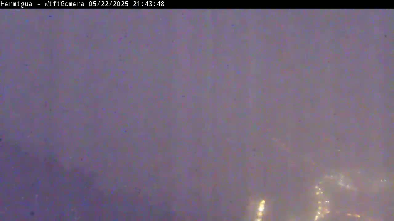 A hazy, dark purple-gray nighttime scene shows faint lights in the distance.