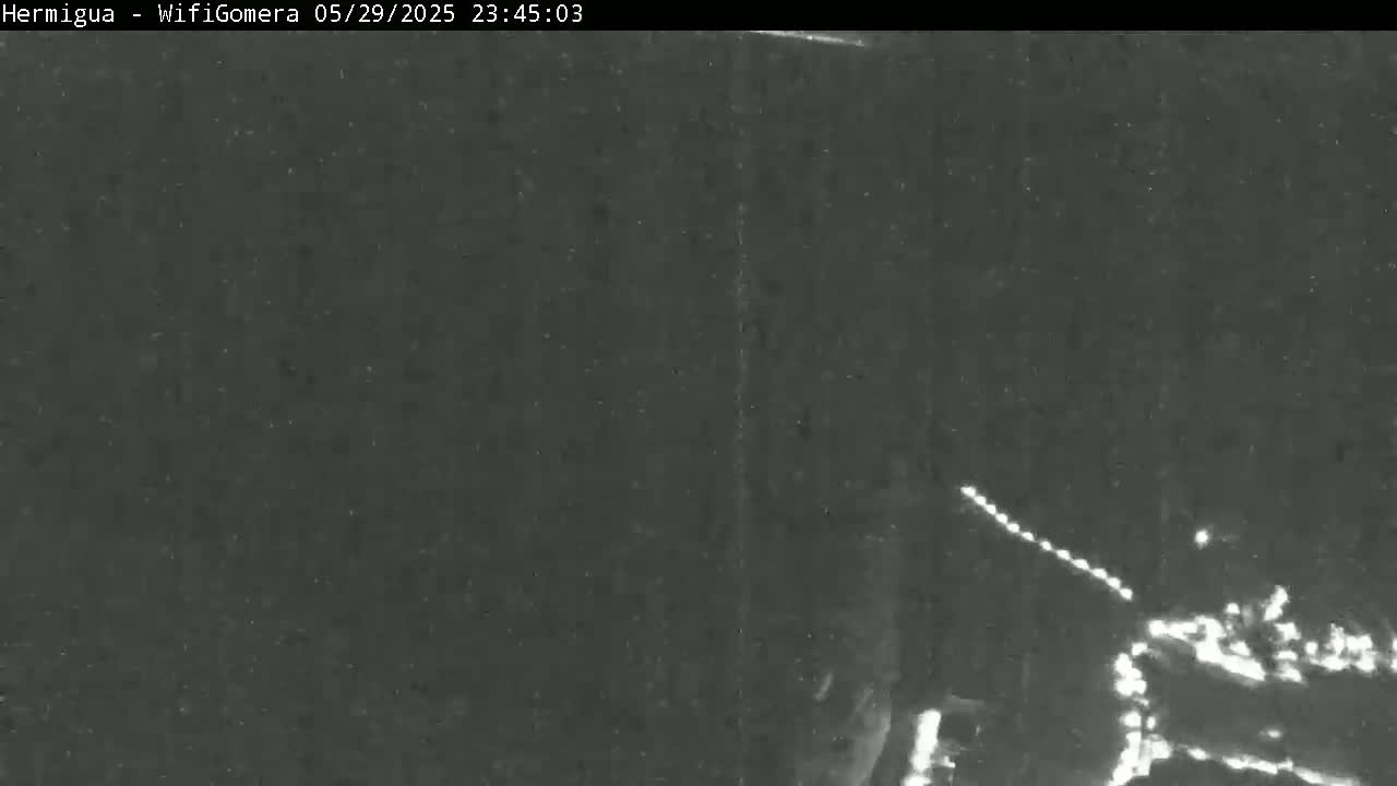A nighttime, low-light image shows a blurry view of a dark area with a line of lights visible in the lower right corner.
