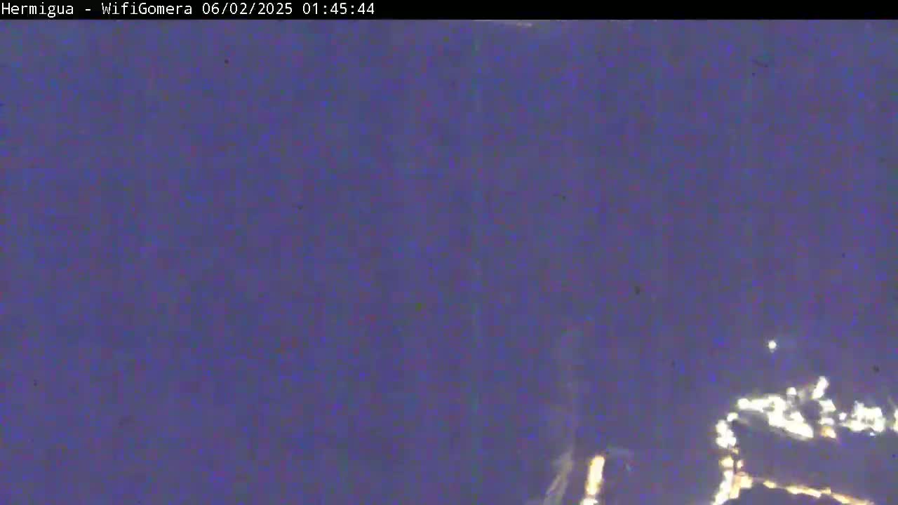 A blurry nighttime image shows a dark purple sky with faint, distant lights near the bottom.