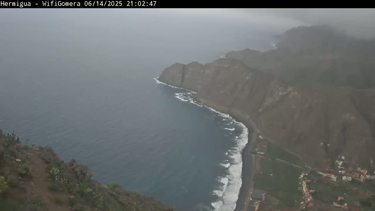 A foggy coastal scene shows dark ocean waves crashing against a shoreline, viewed from a high vantage point overlooking a rocky, sparsely vegetated cliff.