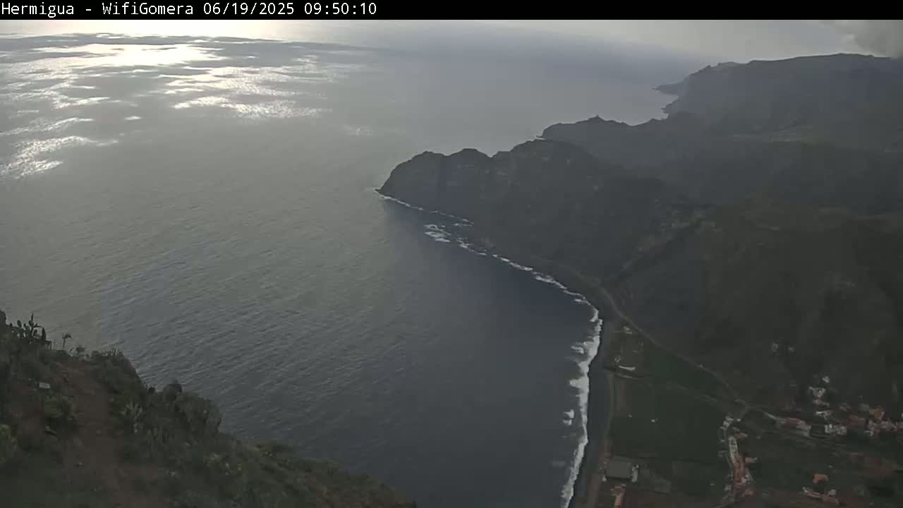 A high-angle view shows a dark-grey ocean meeting a dark-green, mountainous coastline under an overcast sky.