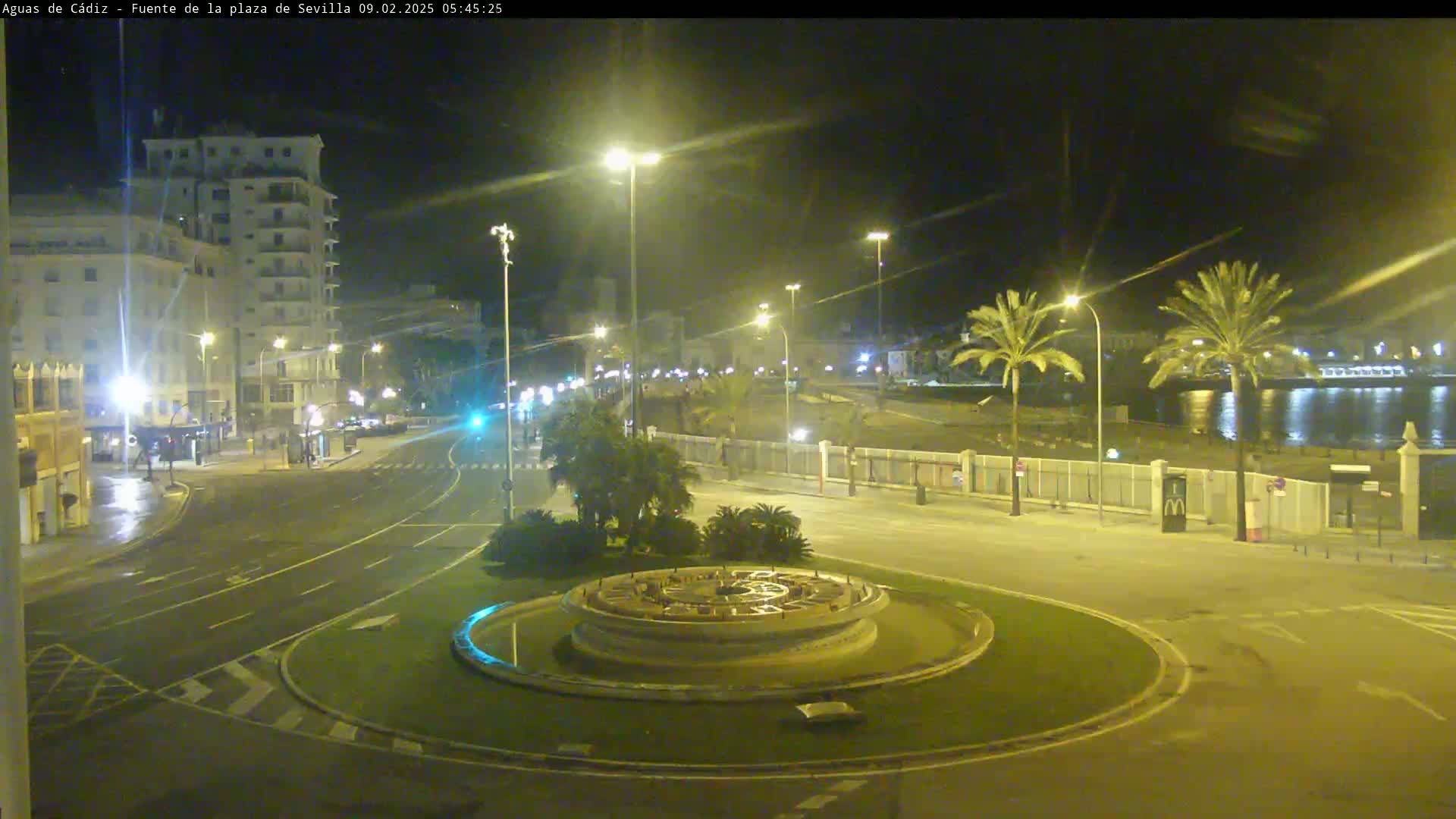 A nighttime view of a circular plaza with a fountain in the center, surrounded by palm trees, buildings, and a roadway, with wet pavement suggesting recent rain.