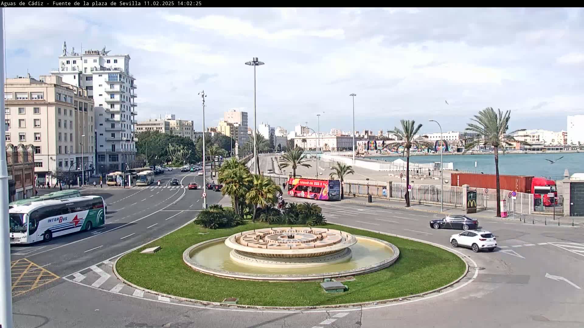 A roundabout with a central fountain is surrounded by palm trees, city buildings, buses, and cars under a mostly clear sky.
