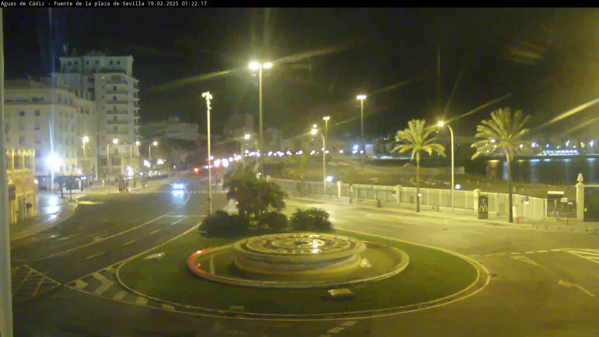 A nighttime view of a roundabout with a fountain in the center, surrounded by streets, buildings, and palm trees under slightly wet conditions.