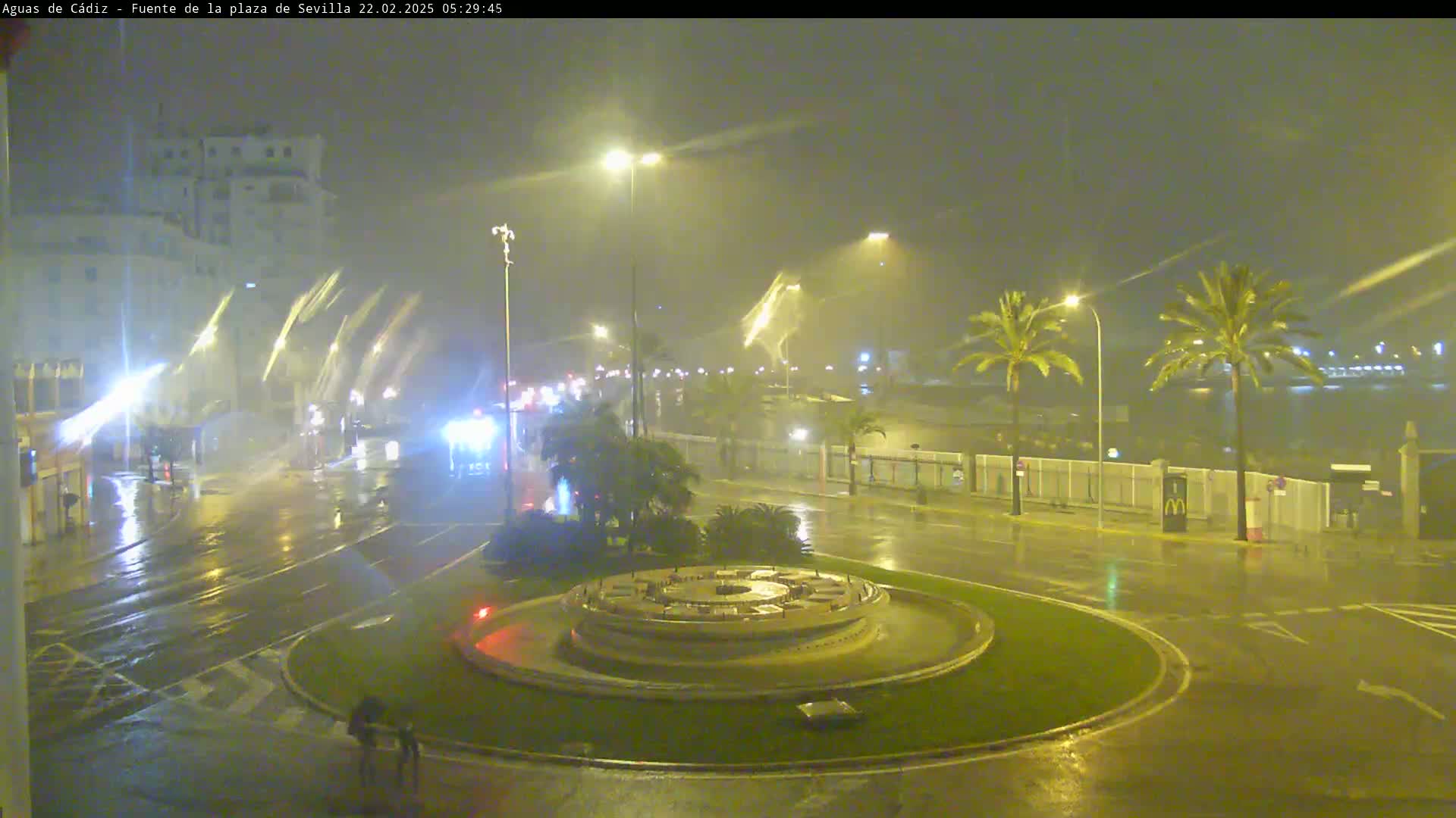A nighttime scene of a rain-soaked roundabout with a fountain at its center, surrounded by palm trees and streetlights in a city under heavy rain.