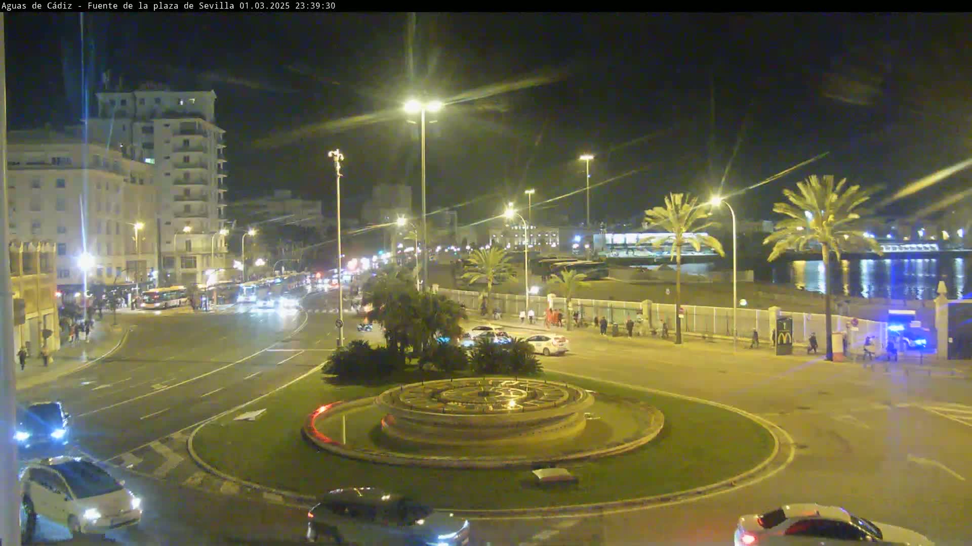 A nighttime view of a city roundabout with a fountain at its center, surrounded by cars, pedestrians, palm trees, and buildings, near a body of water.