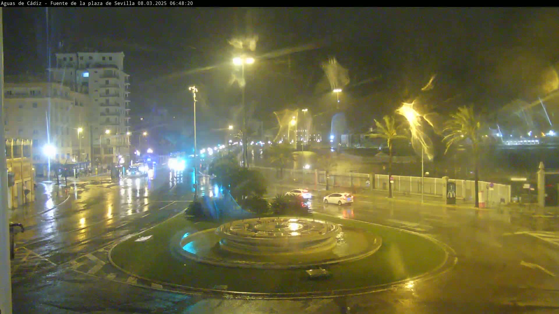 A rain-slicked roundabout at night, centered on a circular fountain, with palm trees bending in the wind and city buildings visible in the background under streetlights.