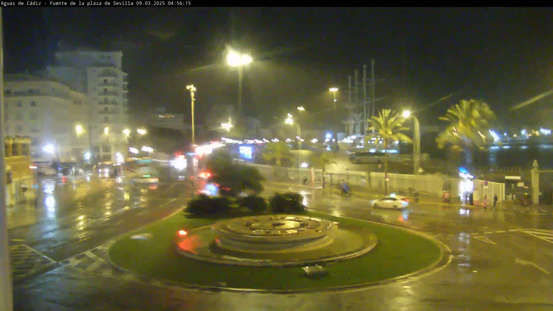 A nighttime scene of a rain-slicked roundabout with a fountain in the center, surrounded by traffic, buildings, and palm trees.