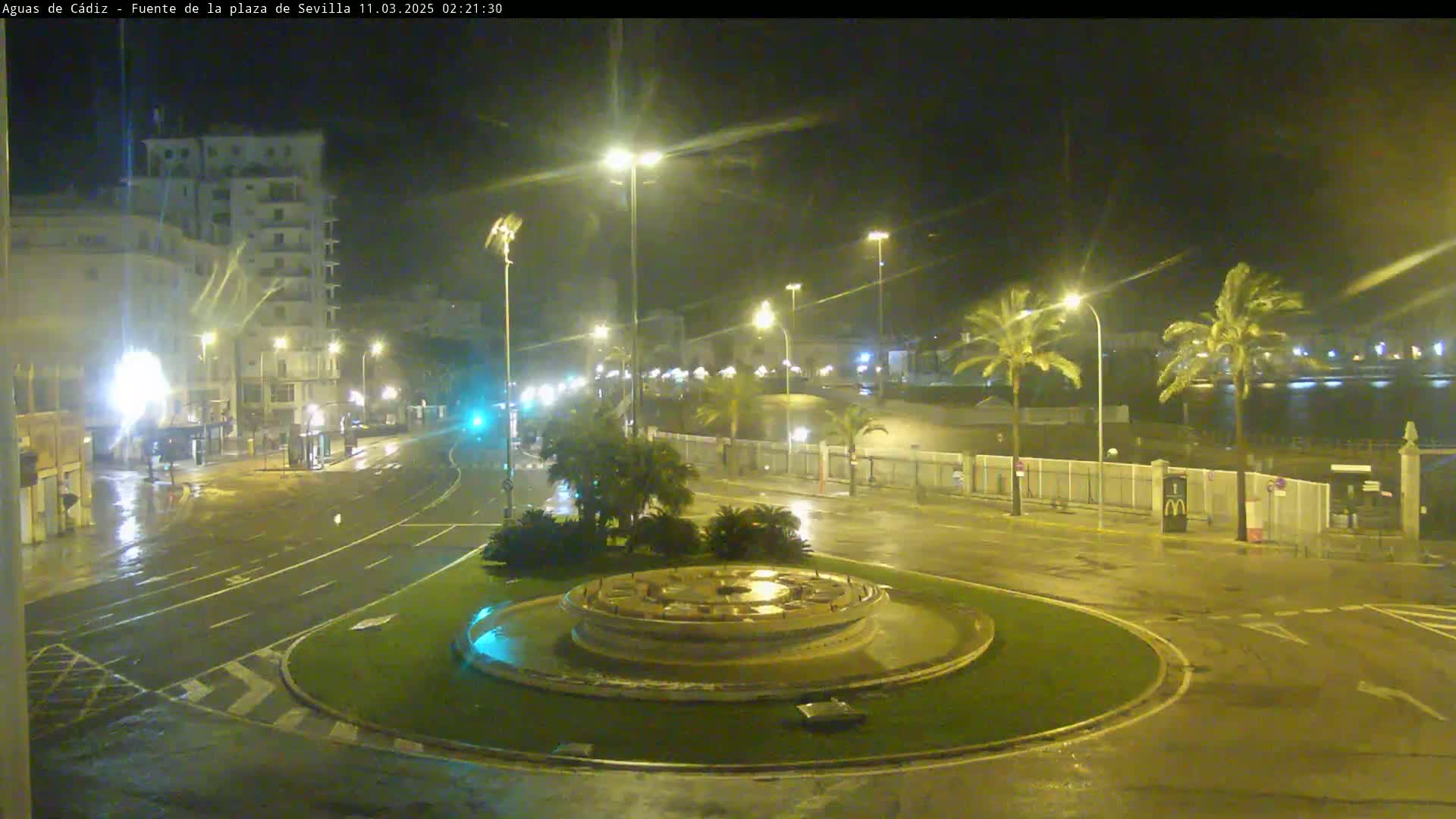 A nighttime view of a wet city roundabout with a fountain in the center, surrounded by palm trees, buildings, and streetlights under rainy conditions.