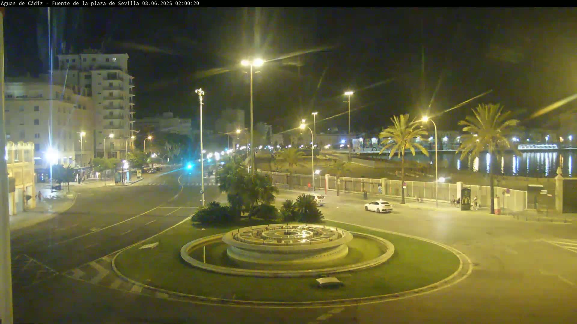 A nighttime, illuminated view of a city roundabout featuring a circular fountain, palm trees, buildings, and cars, with calm water visible in the background.