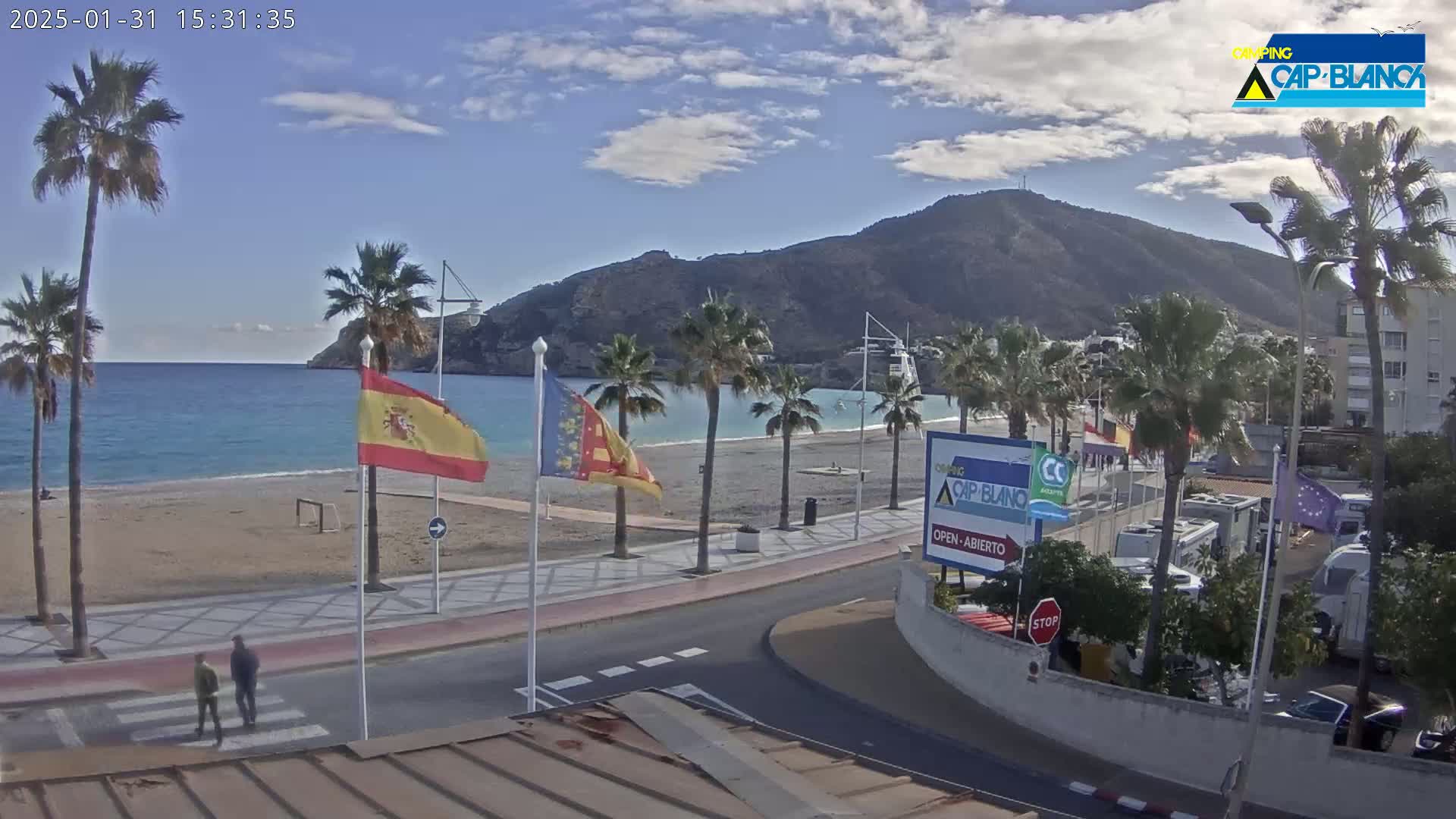 A sandy beach with palm trees lines a paved walkway leading to a road, all situated beneath a clear blue sky and overlooking a calm sea with a mountain in the background.