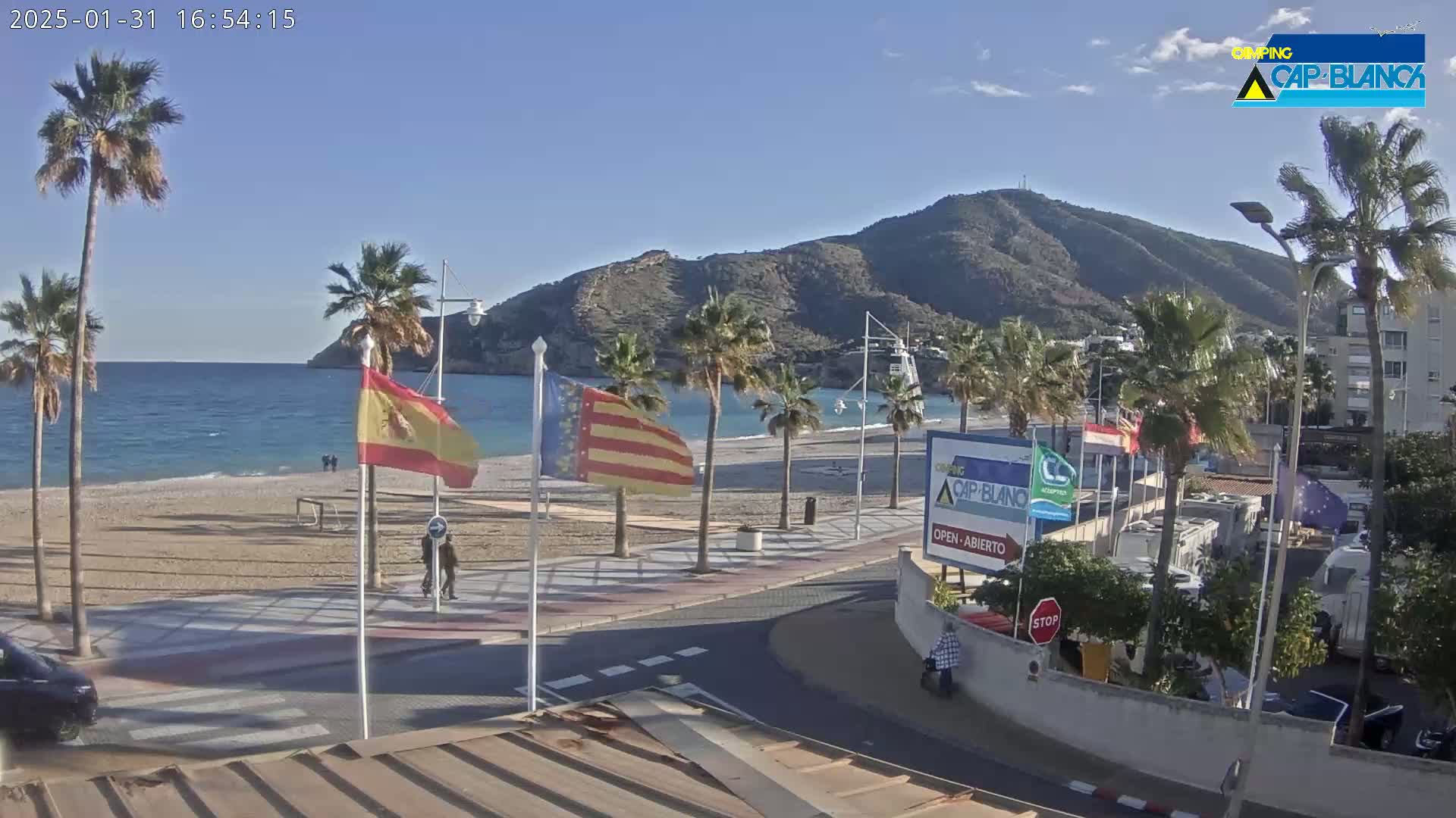 A beachside promenade with palm trees, flags, and a calm, clear blue sea under a sunny sky overlooks a sandy beach and a mountain.