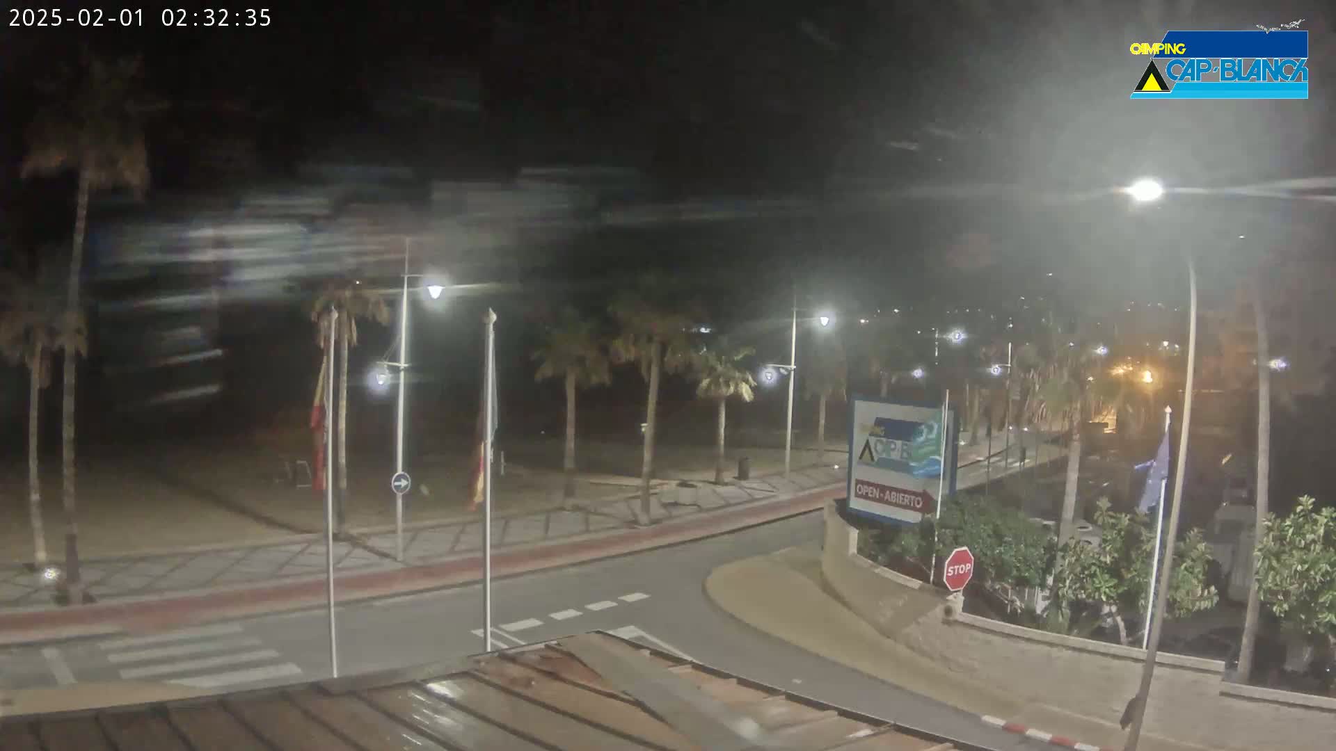 A nighttime, windy scene shows a palm-tree-lined street curving toward a beach, with streetlights illuminating the area.