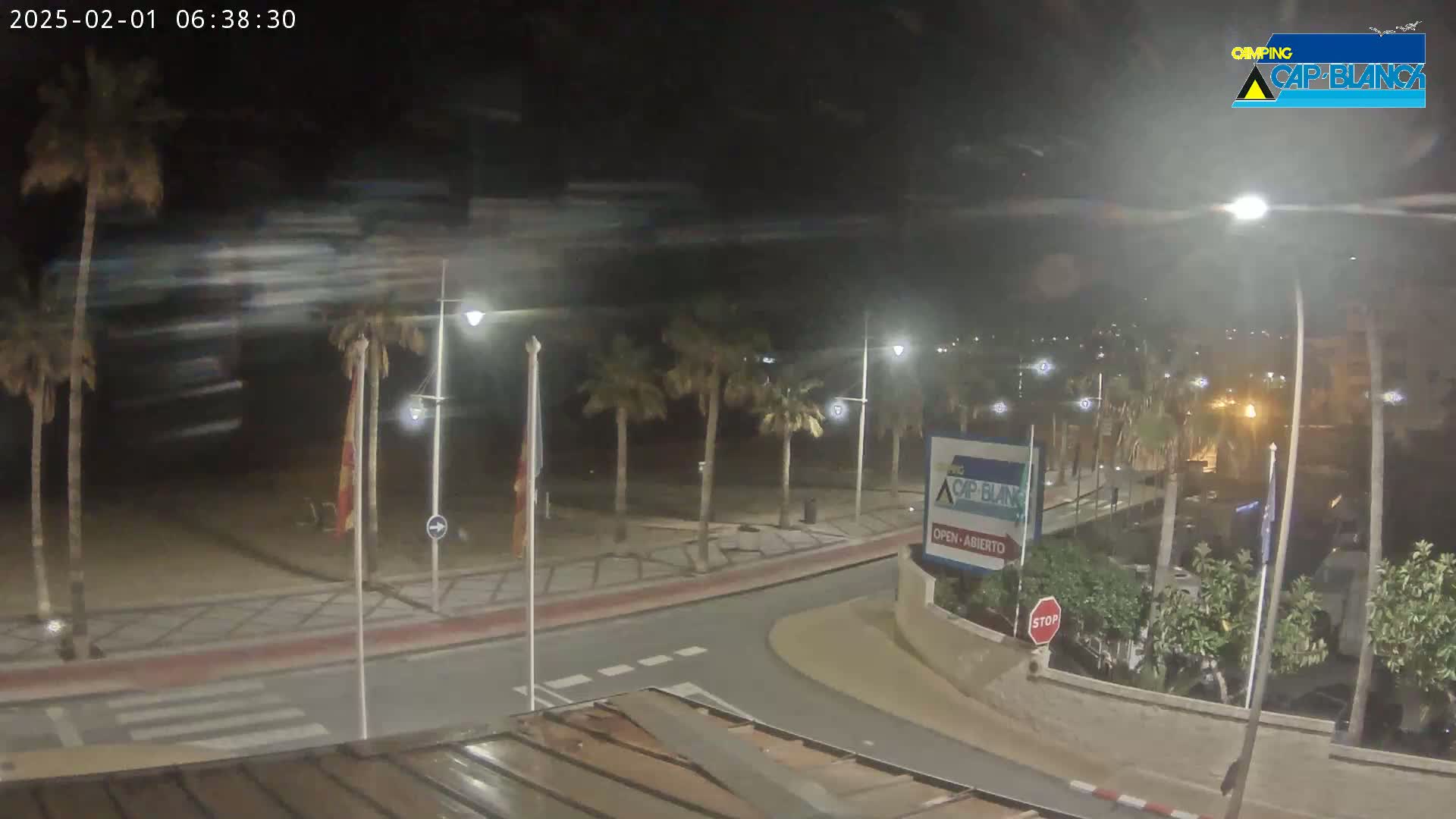 A nighttime, windy scene shows a palm-tree-lined street curving toward a beach, with streetlights illuminating the area.