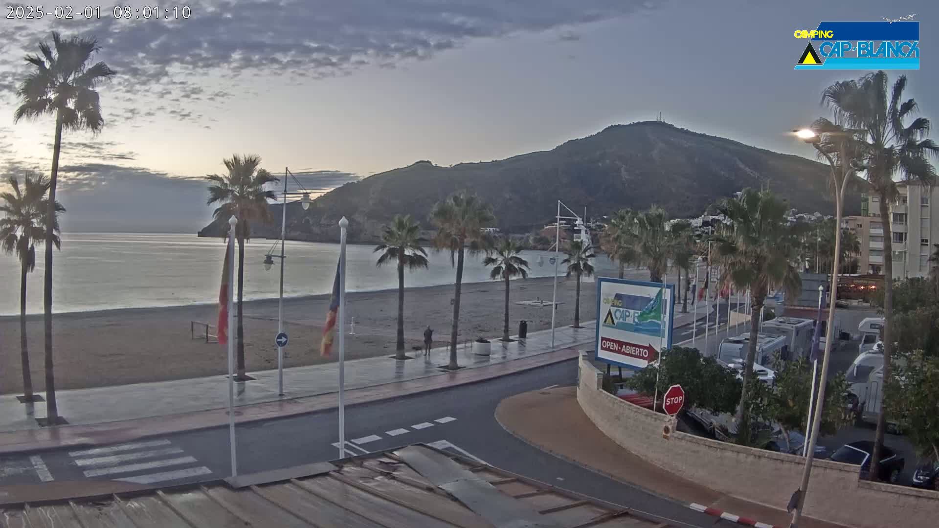 A mostly cloudy sunrise over a calm ocean beach, palm trees lining a paved walkway next to a parking lot with campervans, and a mountain in the background.