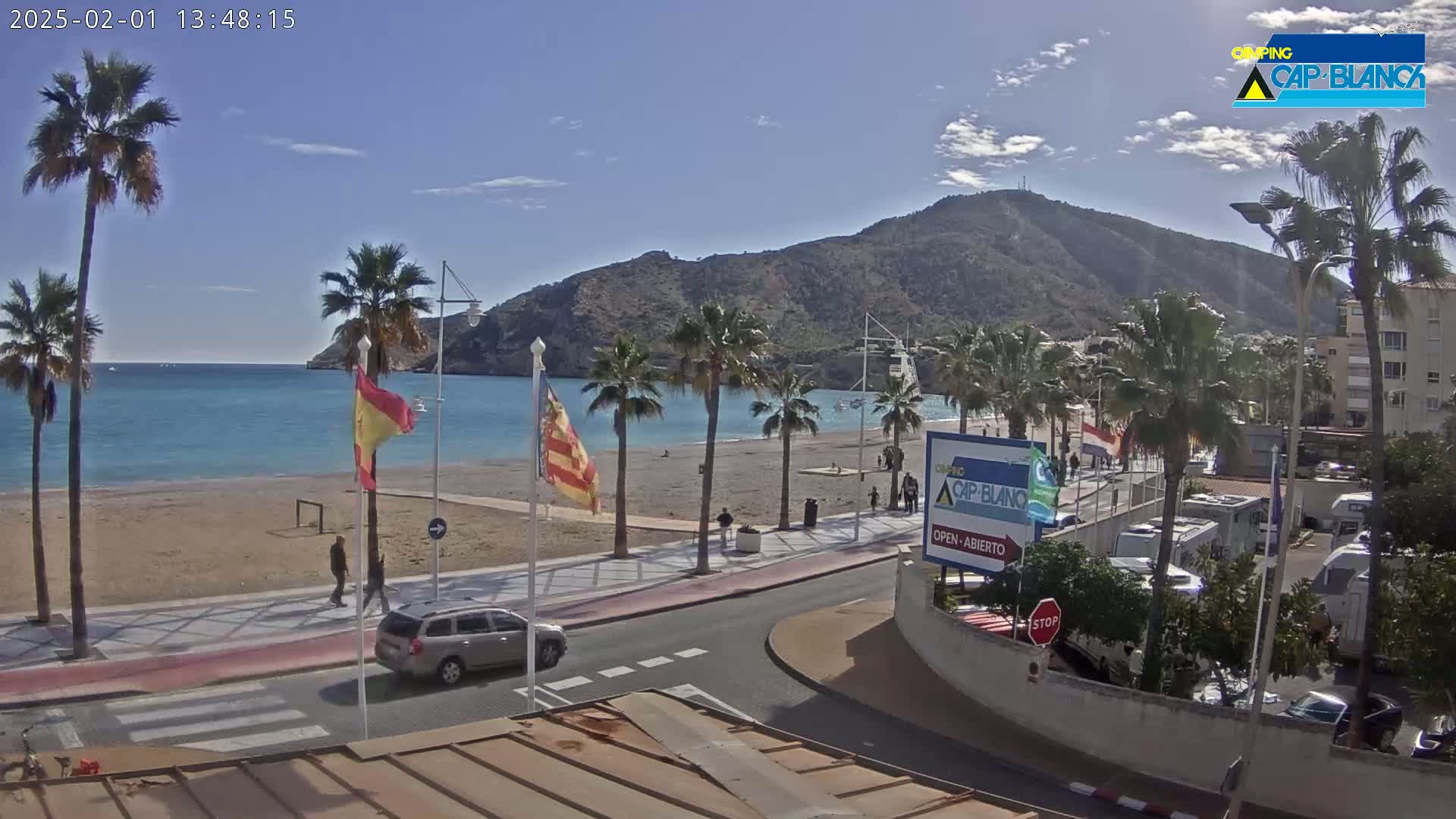 A sandy beach with palm trees and a calm blue sea is seen under a clear blue sky, with a mountain in the background and a roadway leading to a parking lot filled with RVs.