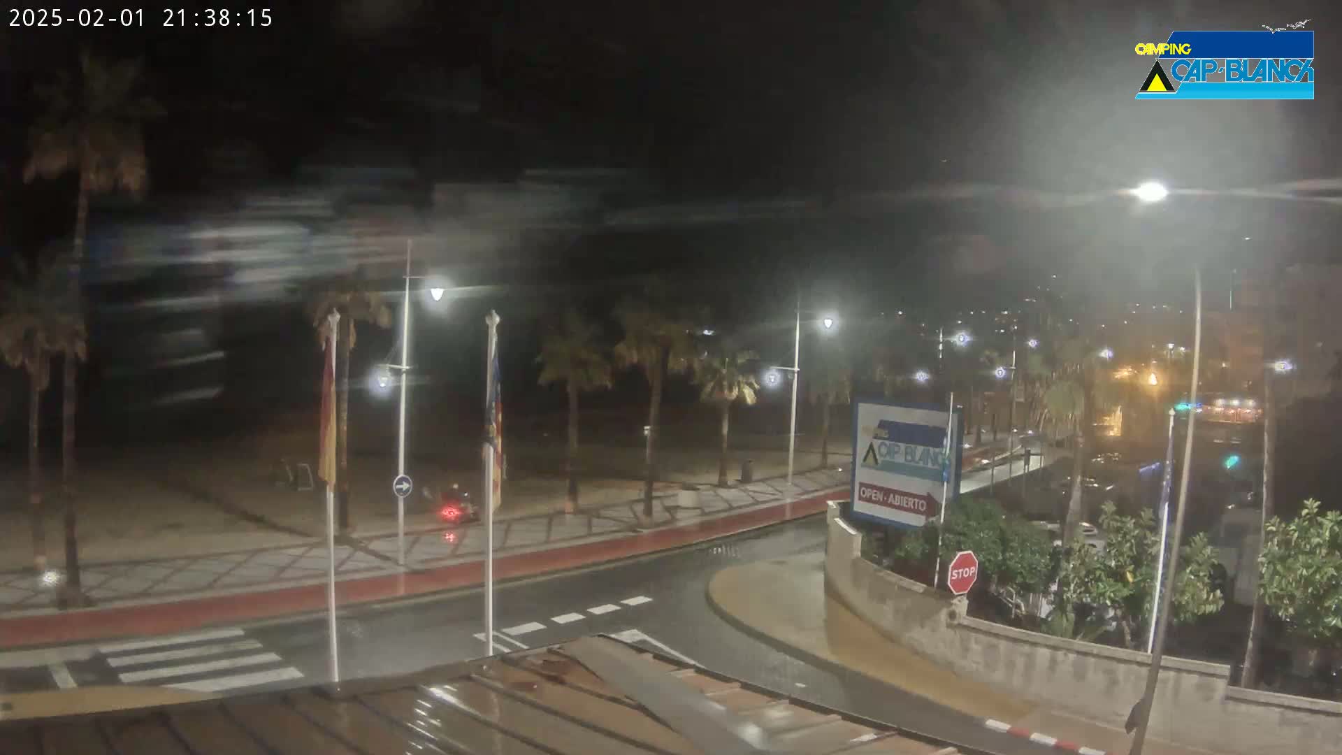 A rain-slicked nighttime street scene shows palm trees lining a paved walkway next to a beach, with a few vehicles visible and streetlights illuminating the wet surfaces.