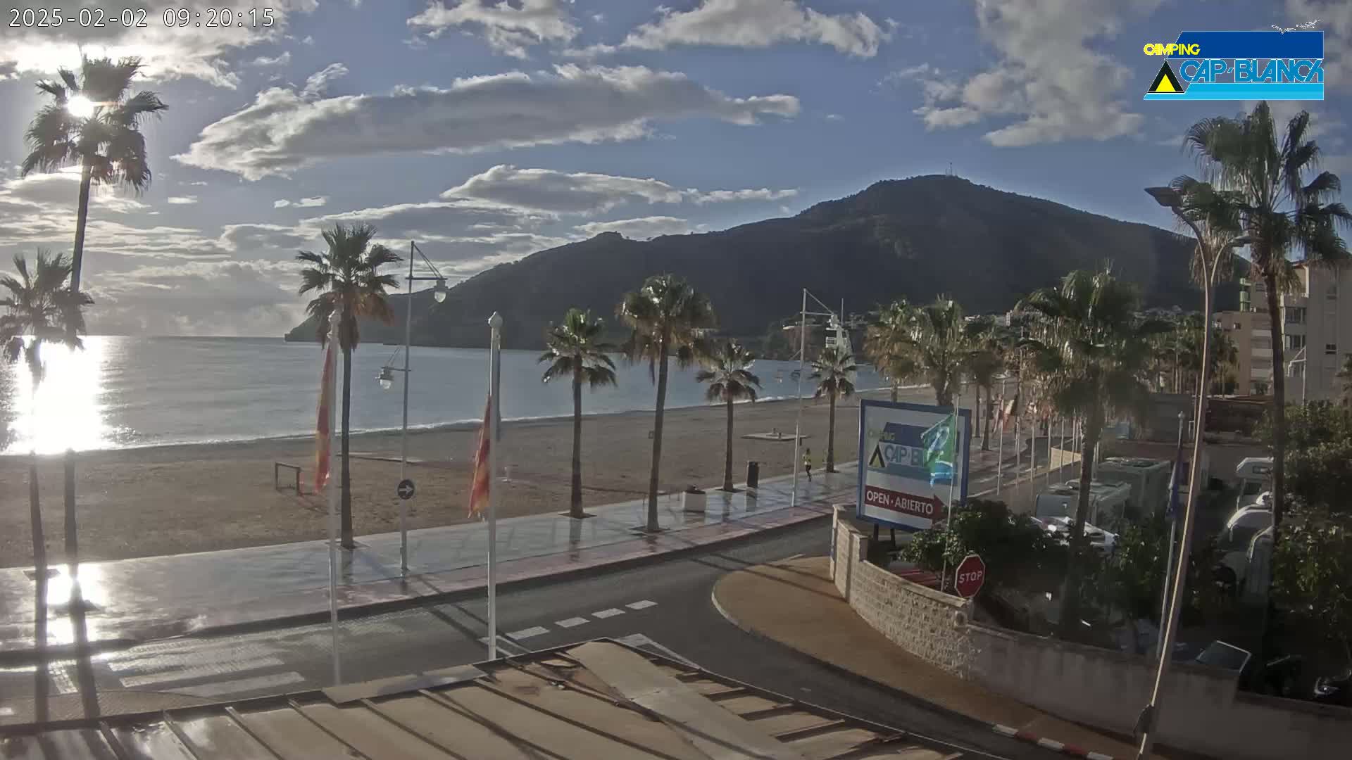 A mostly sunny beach scene shows a calm ocean, sandy beach, palm trees lining a paved walkway, and a mountain in the background.