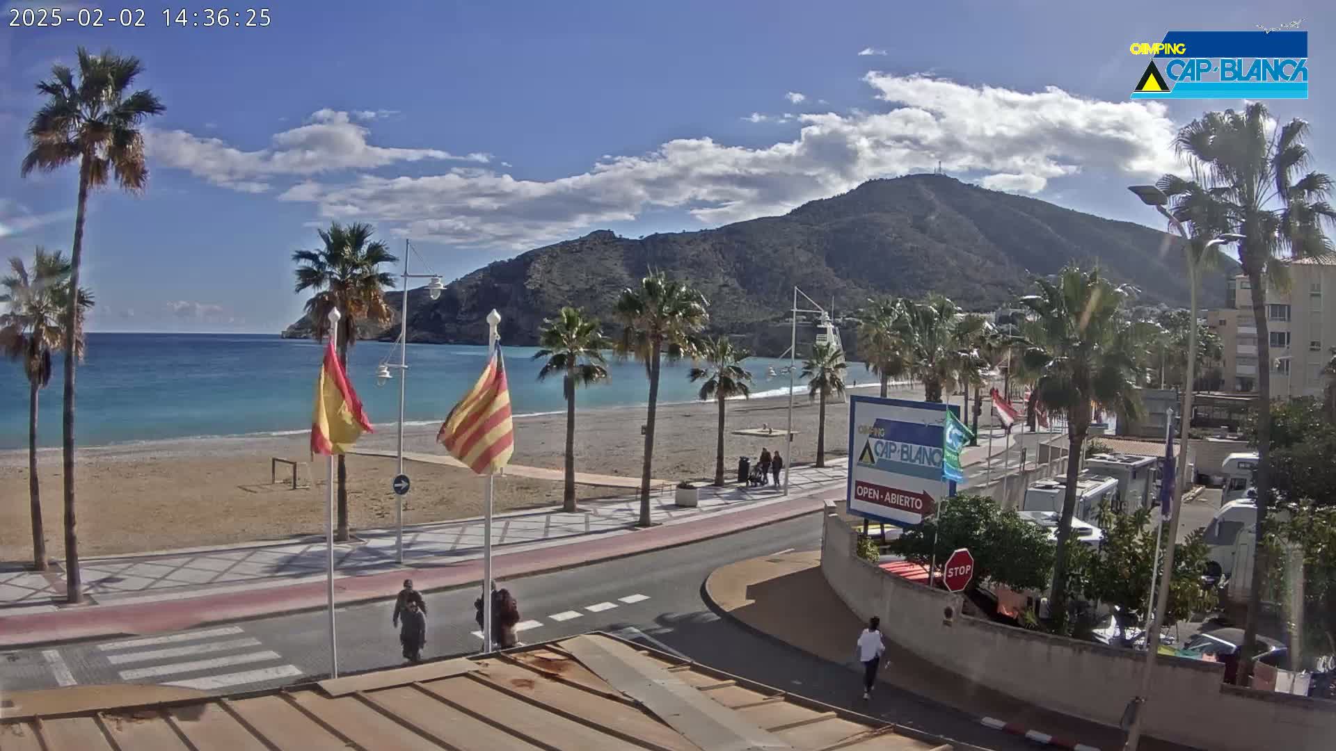 A sandy beach with turquoise water is bordered by a palm-tree-lined promenade, with a mountain in the background under a partly cloudy sky.