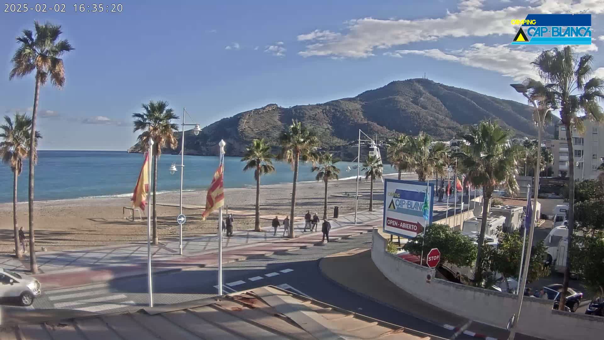 A sandy beach with palm trees lines a paved walkway next to a calm, blue ocean under a mostly clear sky, with a mountain rising in the background.