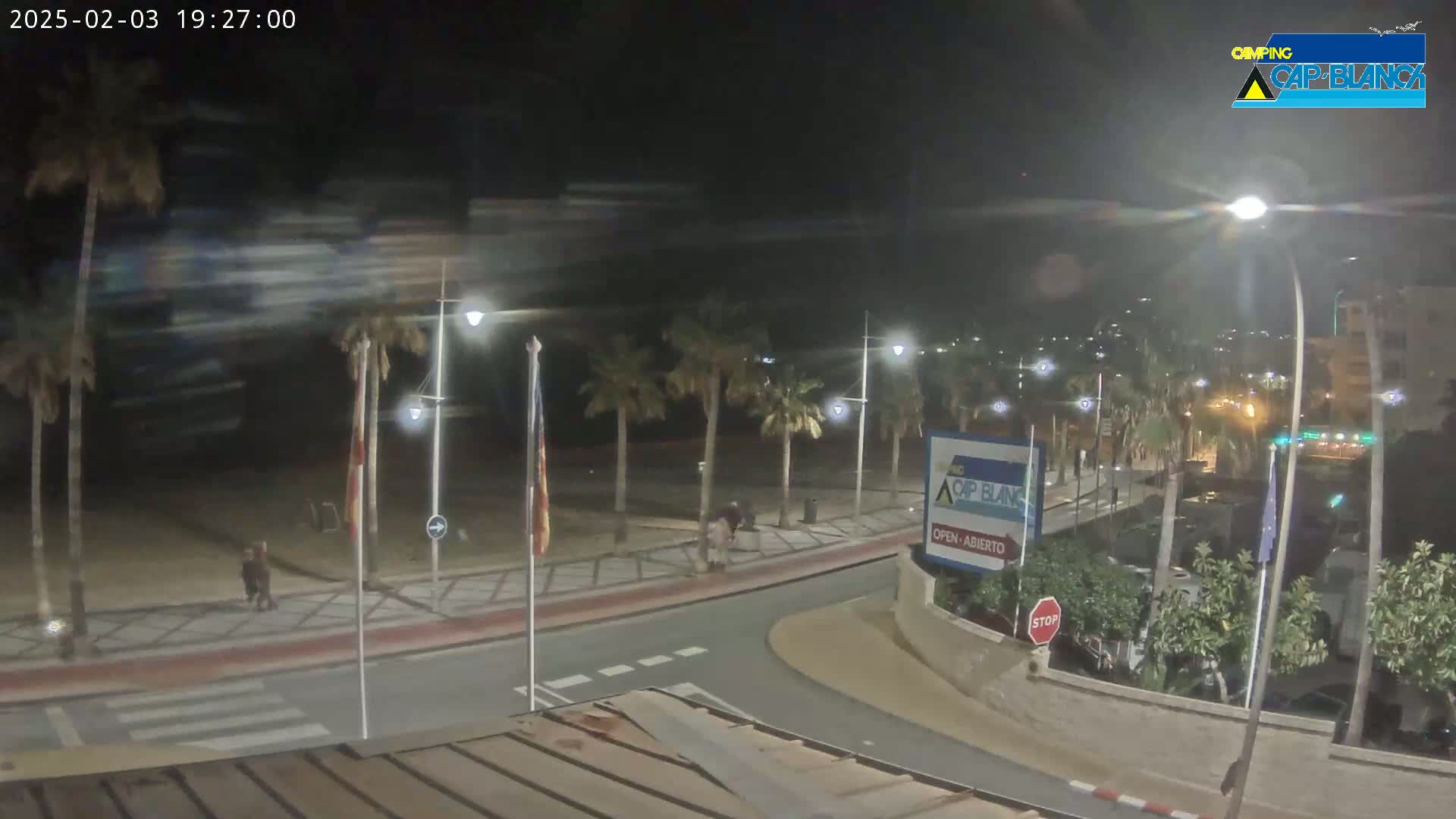 A nighttime, slightly hazy view of a palm tree-lined seaside promenade with a few pedestrians, streetlights, and a road curving into the distance.