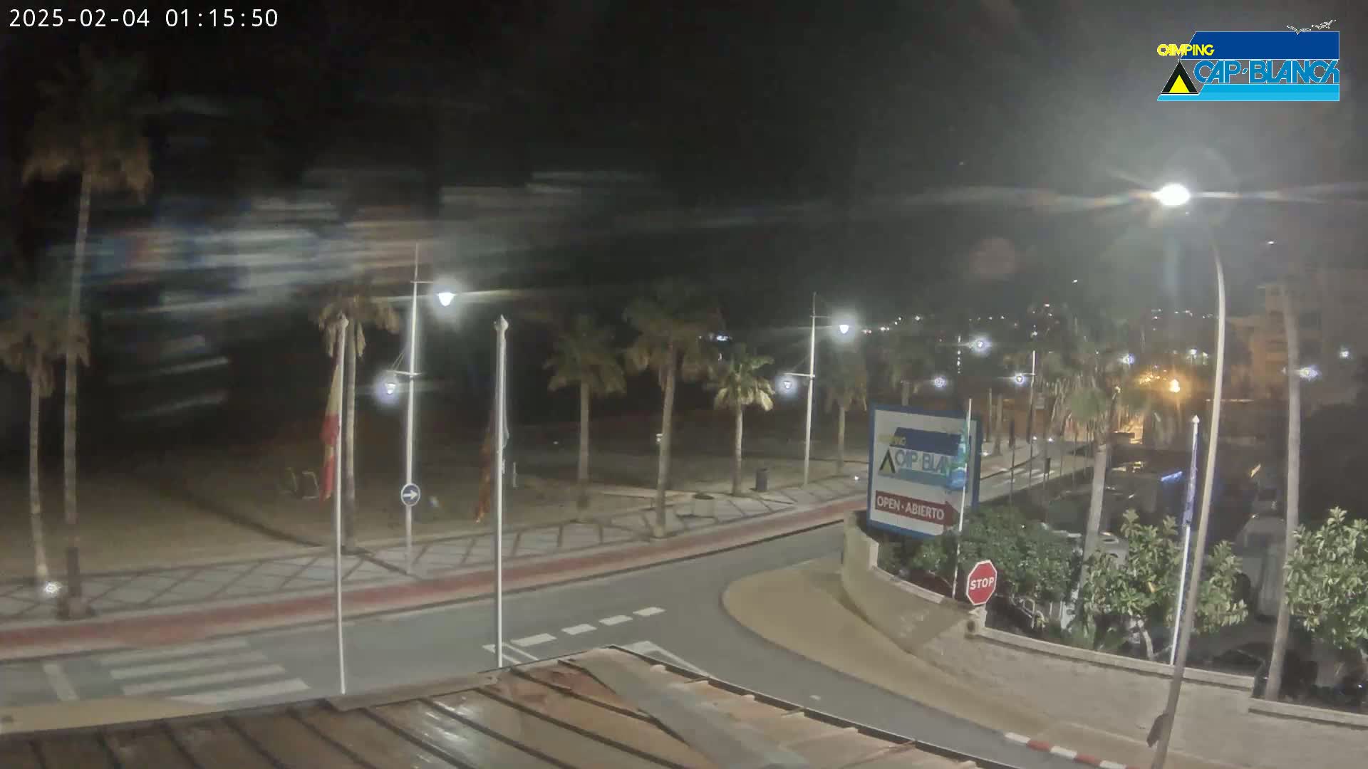 A nighttime street scene with palm trees lining a paved area near a beach, under partly cloudy skies with some motion blur.
