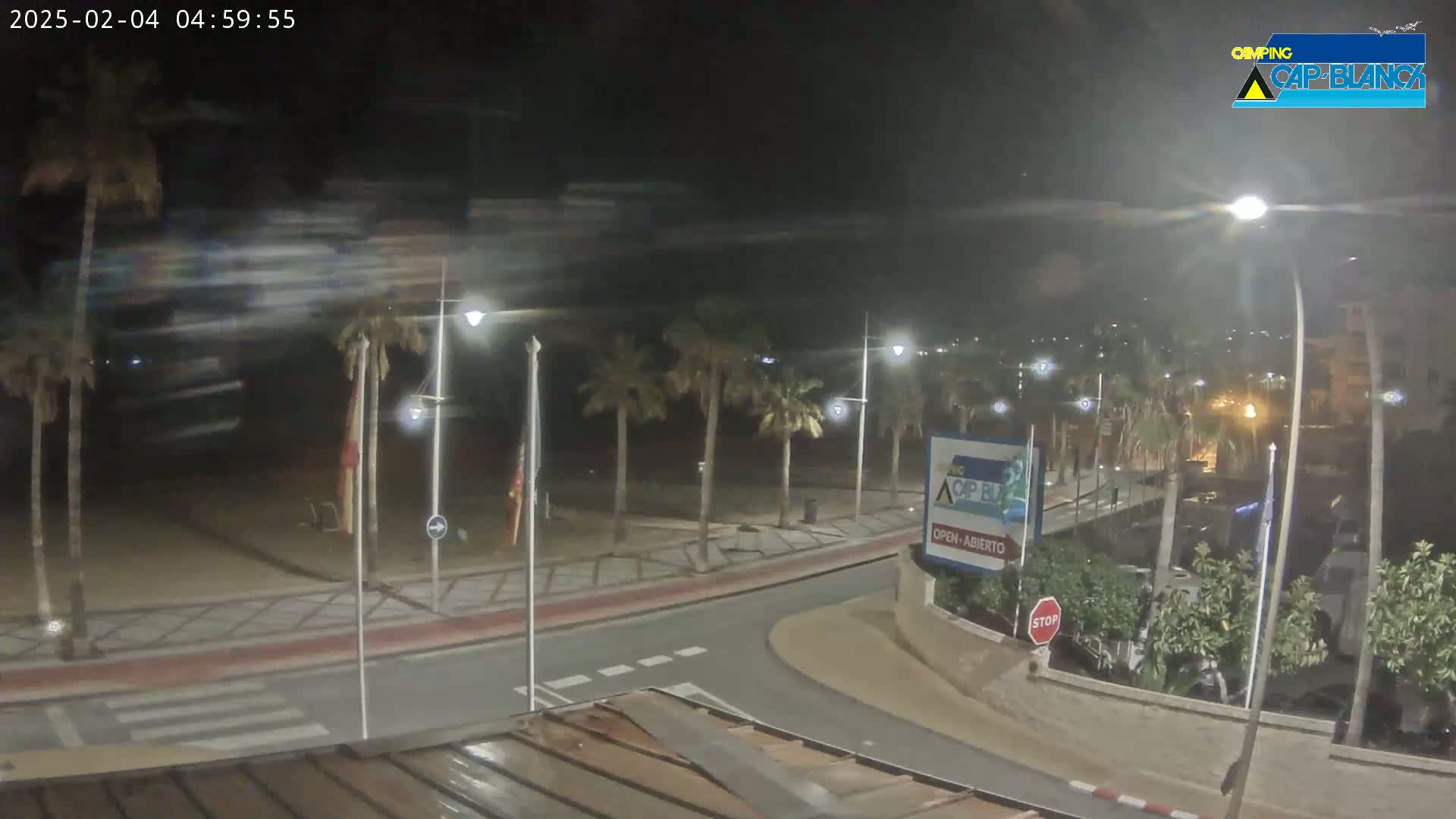 A nighttime view of a beachfront road with palm trees, streetlights, and some parked vehicles under cloudy skies.