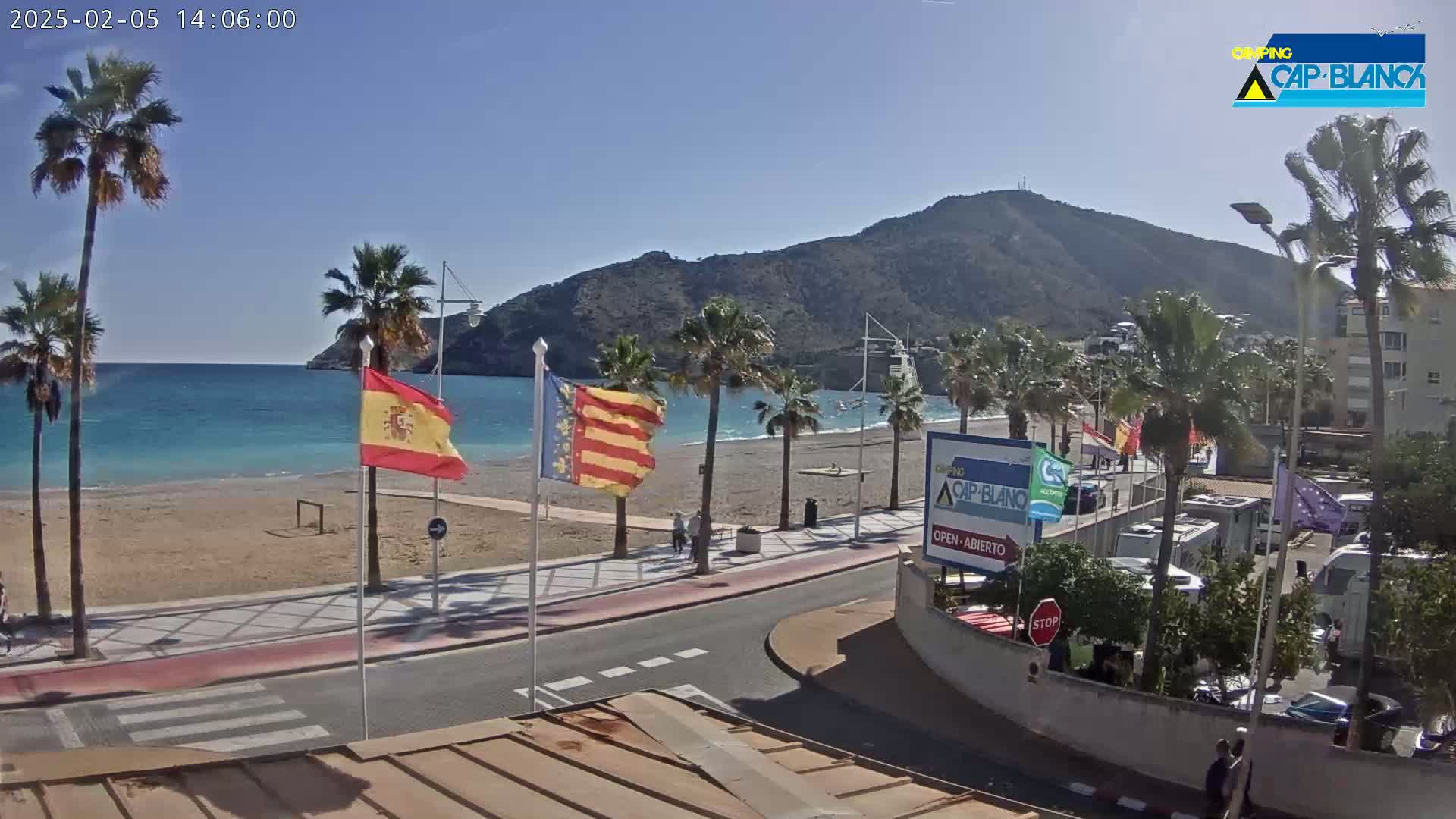 A sandy beach with palm trees lines a promenade next to a calm, blue sea under a clear, sunny sky, with a large mountain visible in the background.