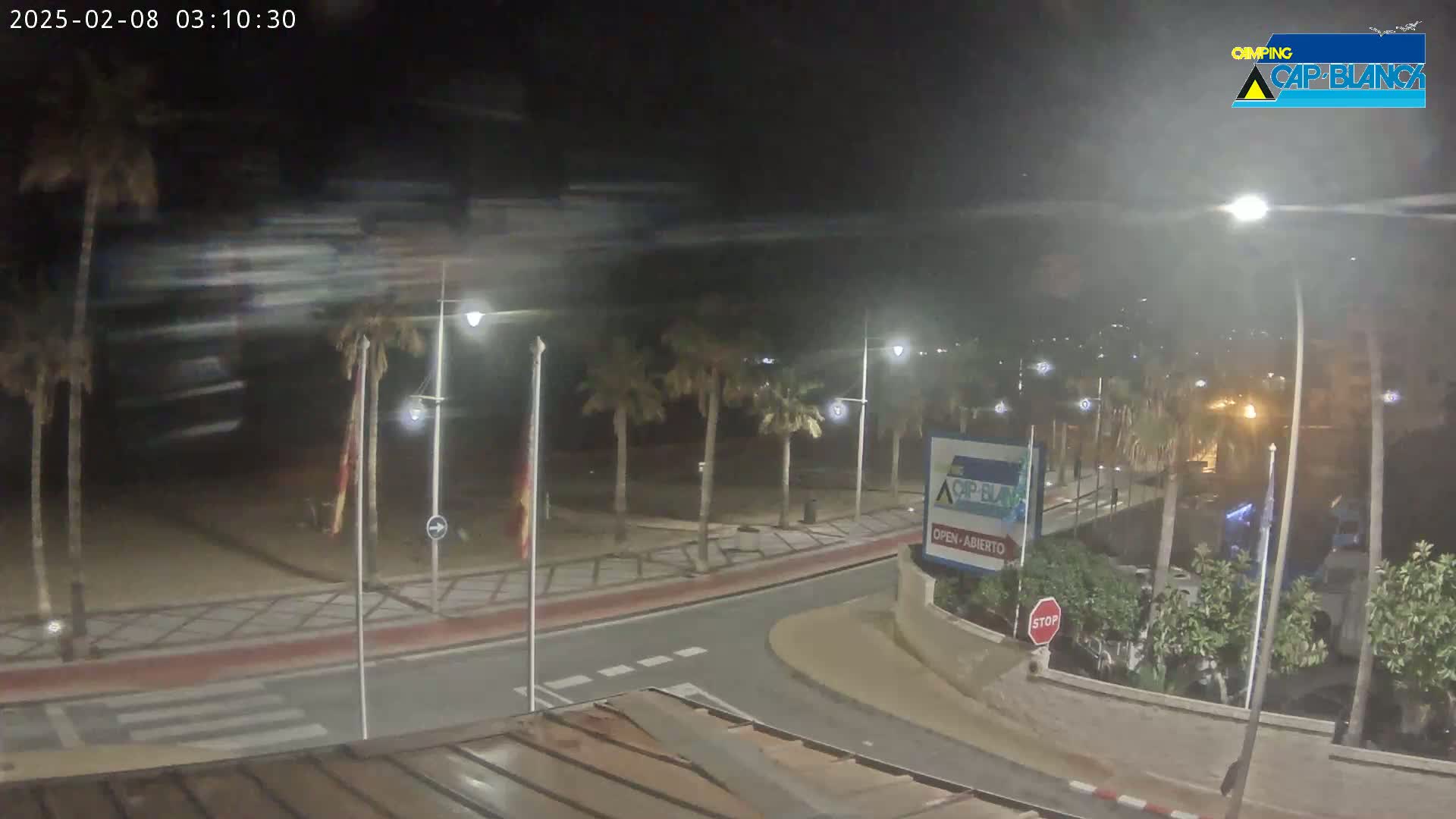A nighttime, dimly lit beachfront road curves gently, lined with palm trees and streetlights under a slightly hazy sky.
