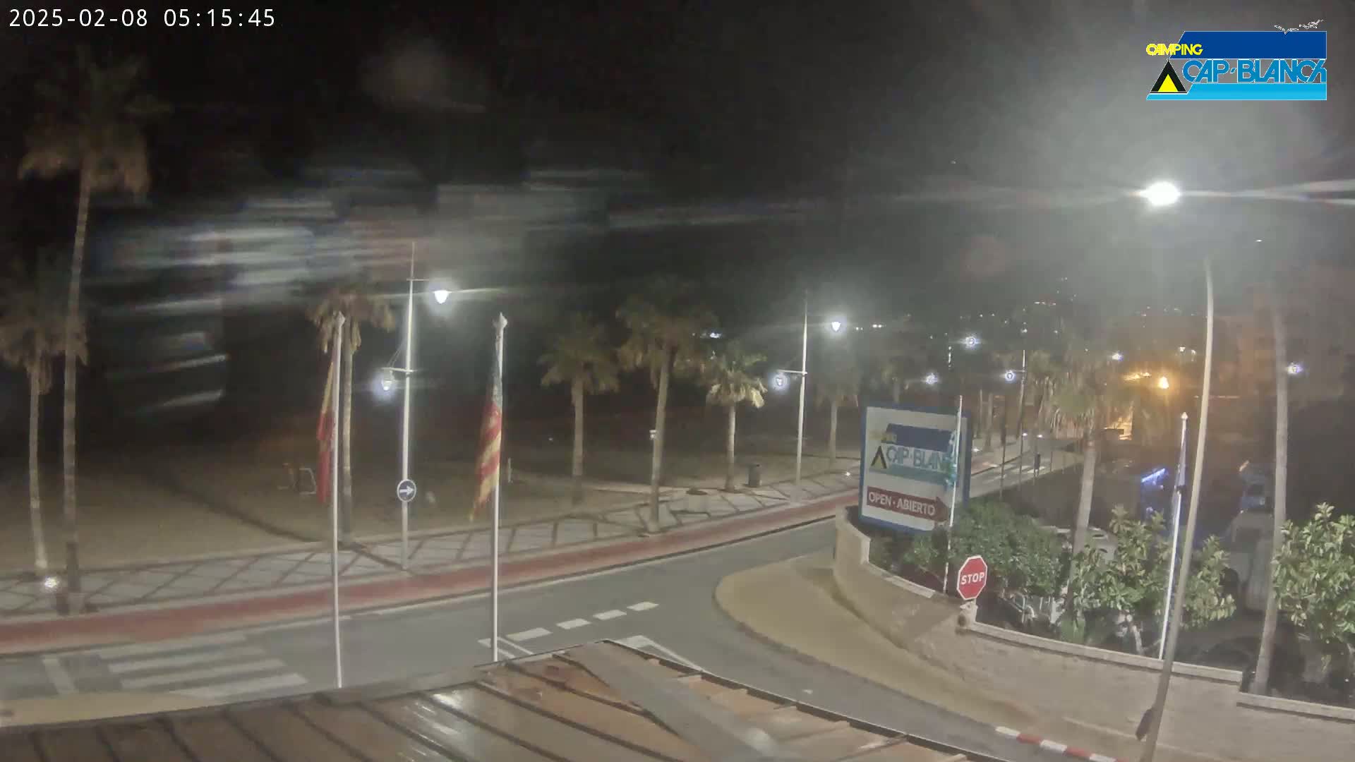 A nighttime view of a palm-lined street curving toward a beach, with blurry motion in the sky suggesting wind or rain.