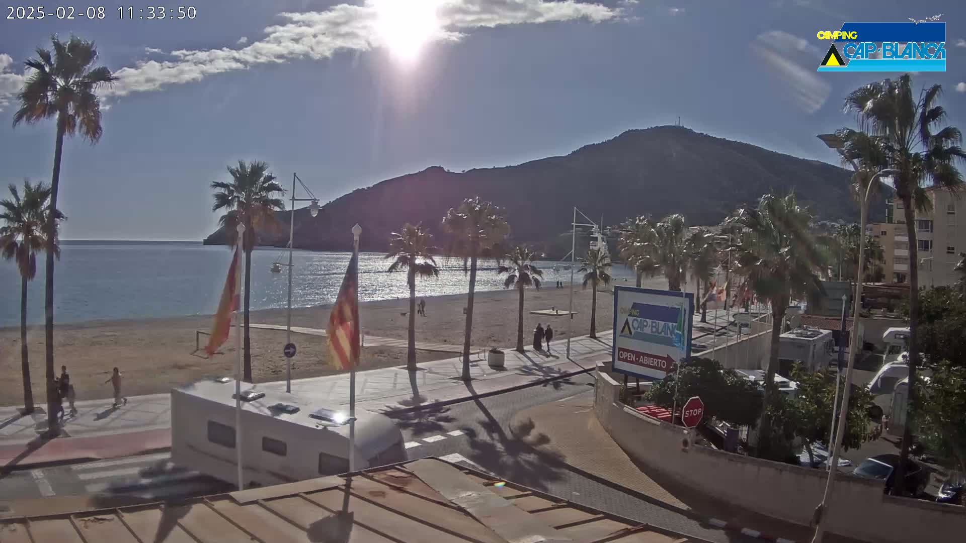 A sunny beach scene shows a sandy shore, calm water, palm trees lining a paved walkway, a mountain in the background, and several RVs parked nearby.