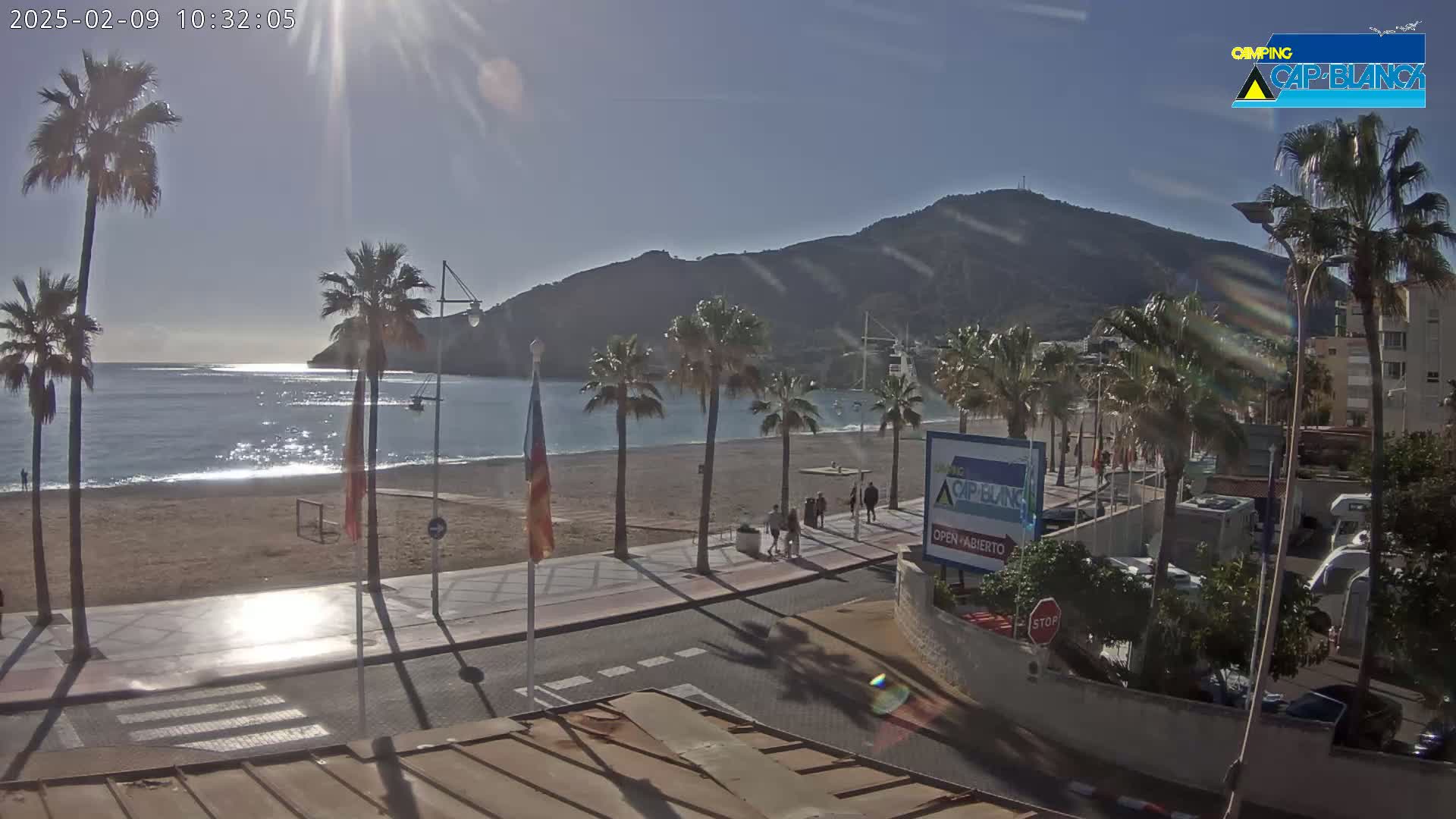 A sunny day at a beach, palm trees line a paved walkway next to a sandy beach and calm ocean with a mountain in the background.
