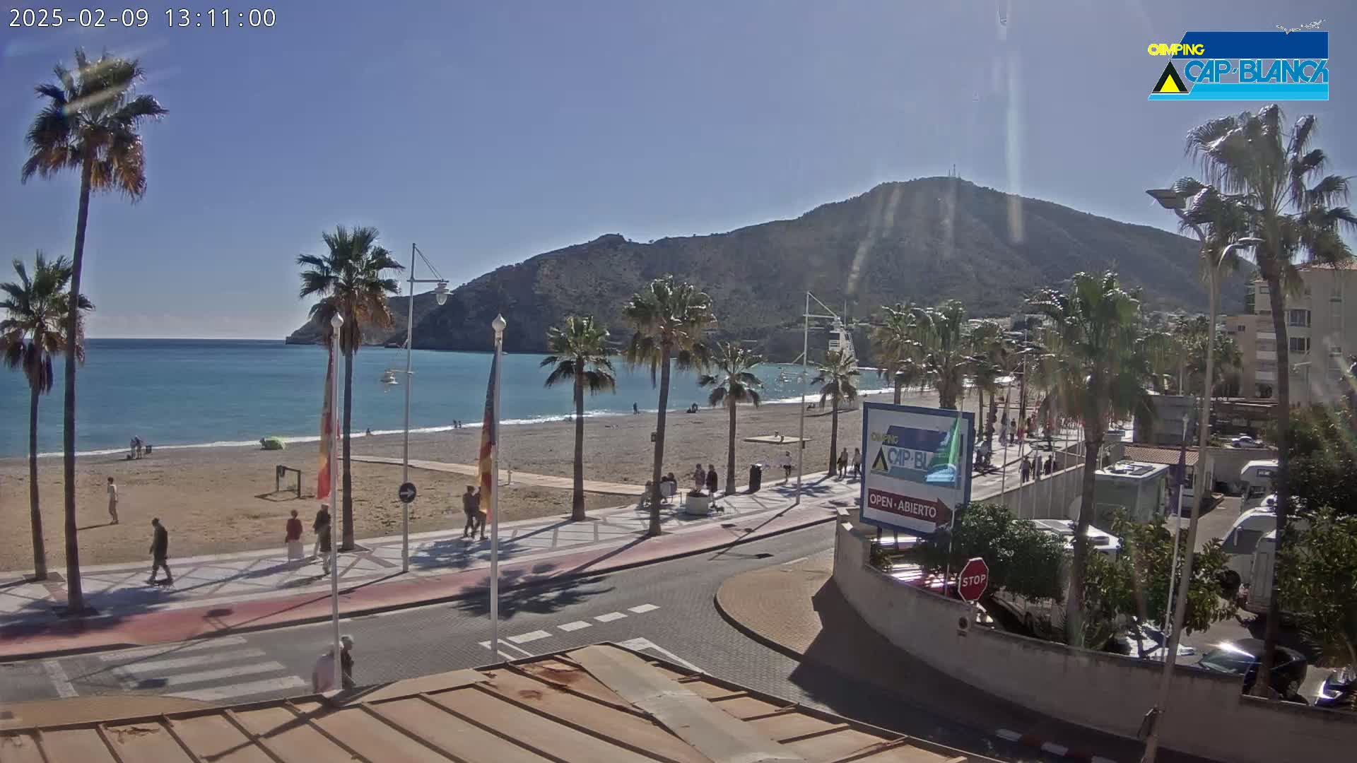 A sandy beach with palm trees lines a paved walkway next to a calm blue ocean, under a clear sunny sky, with a mountain in the background.