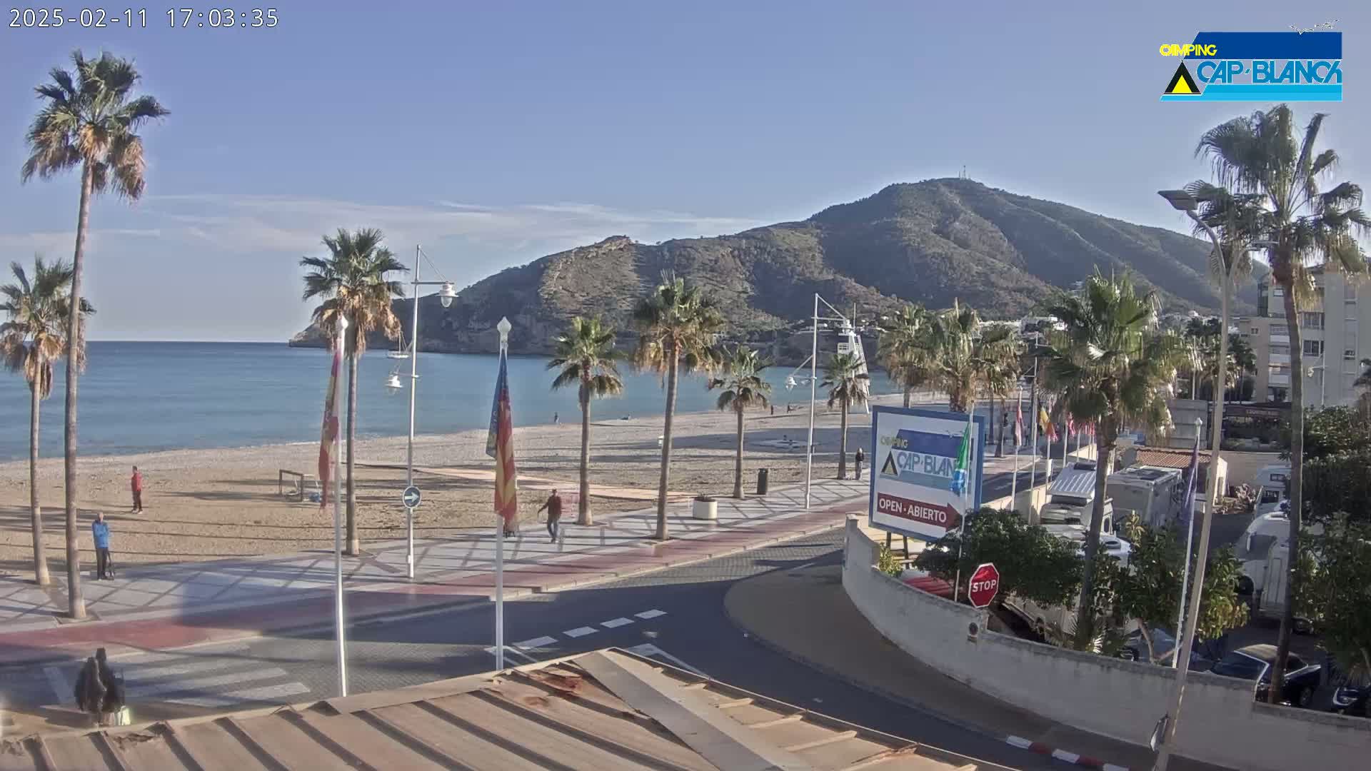 A sandy beach with palm trees lines a paved walkway next to calm blue water under a clear, sunny sky, backed by a large hill.