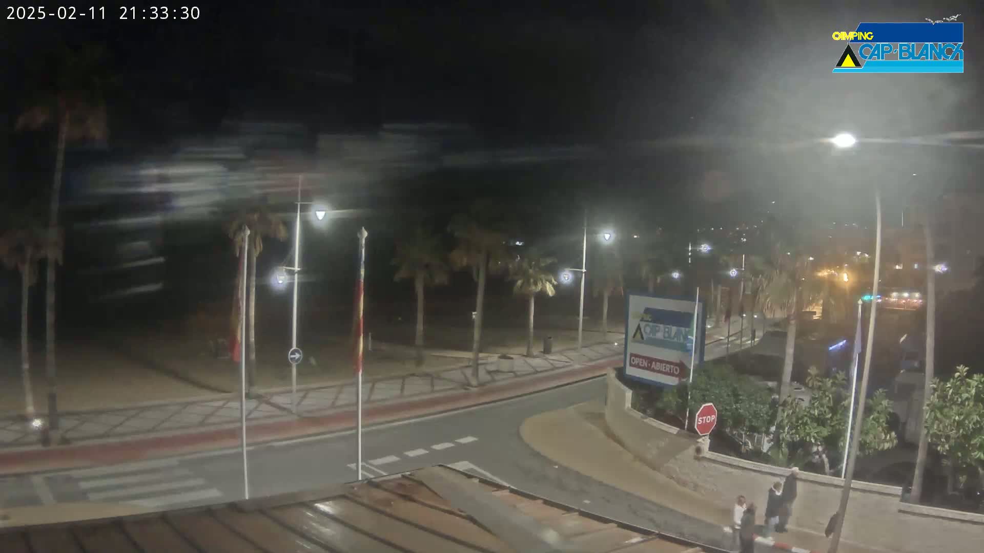 A nighttime, windy scene shows a palm-lined roadway curving toward a beach, with a few pedestrians visible.