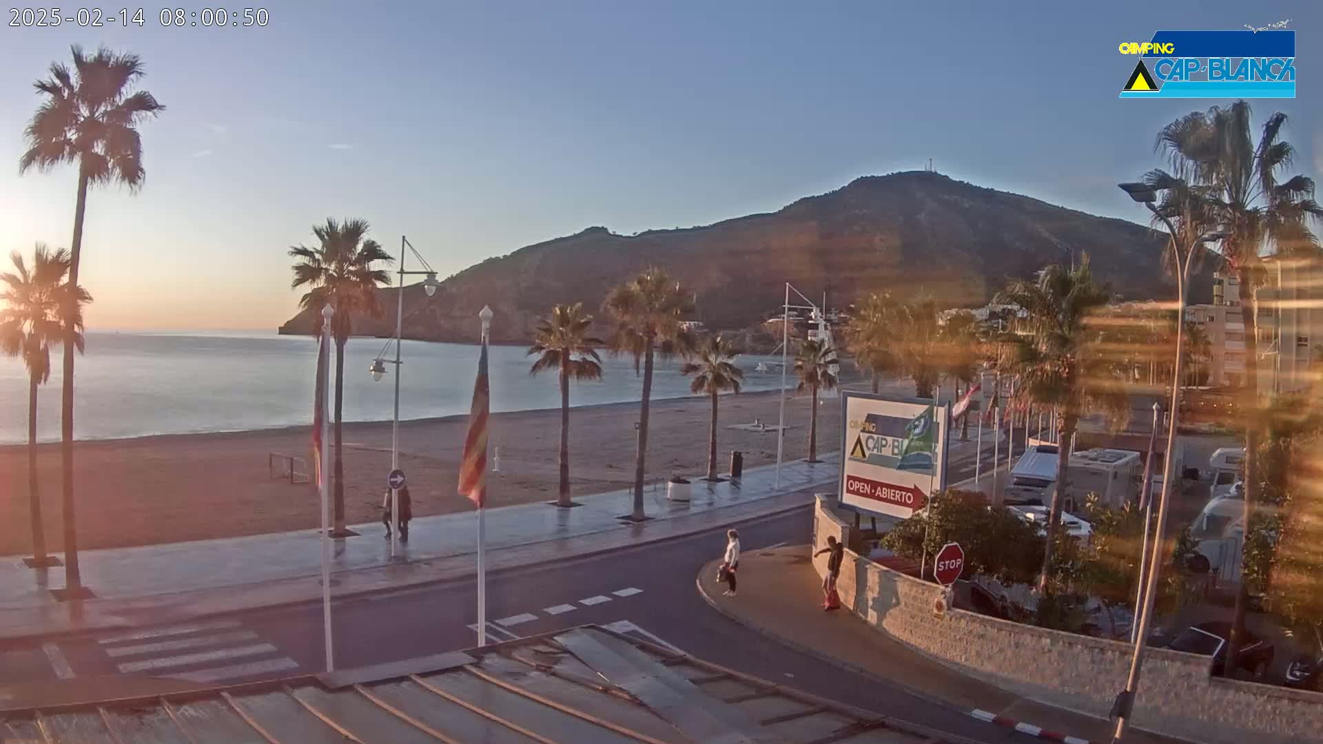 A sandy beach with palm trees lines a paved walkway, next to a calm sea at sunrise, with a hill in the background.