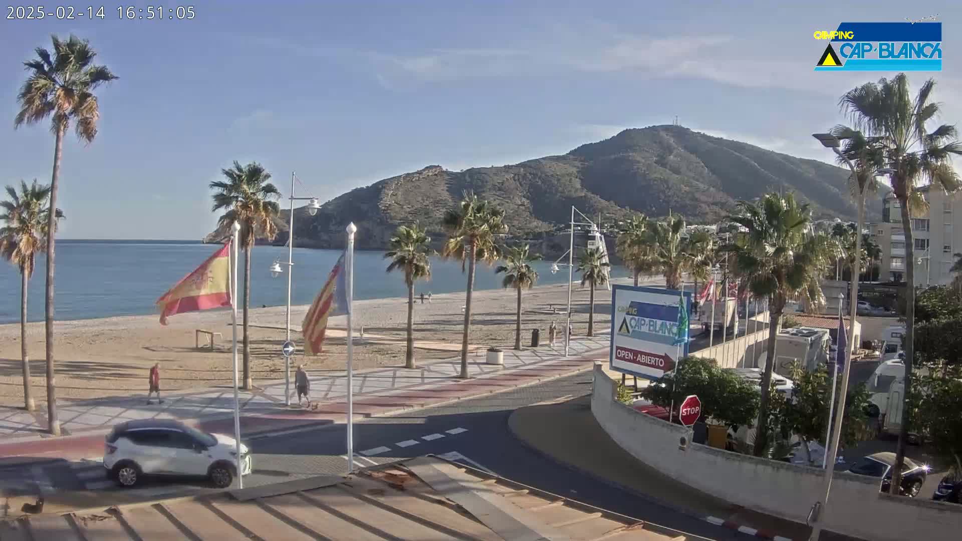 A sandy beach with palm trees lines a paved road next to a calm ocean under a clear, sunny sky, with a mountain visible in the background.