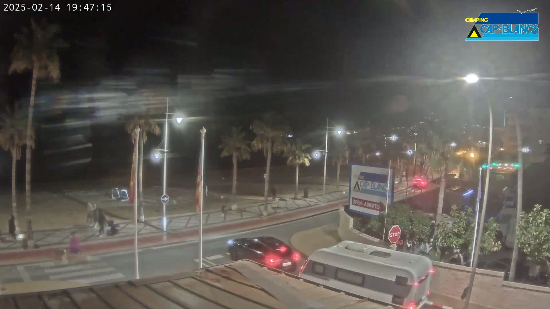 A nighttime, windy scene shows a palm tree-lined street with pedestrians, cars, and a camper van near a beach.