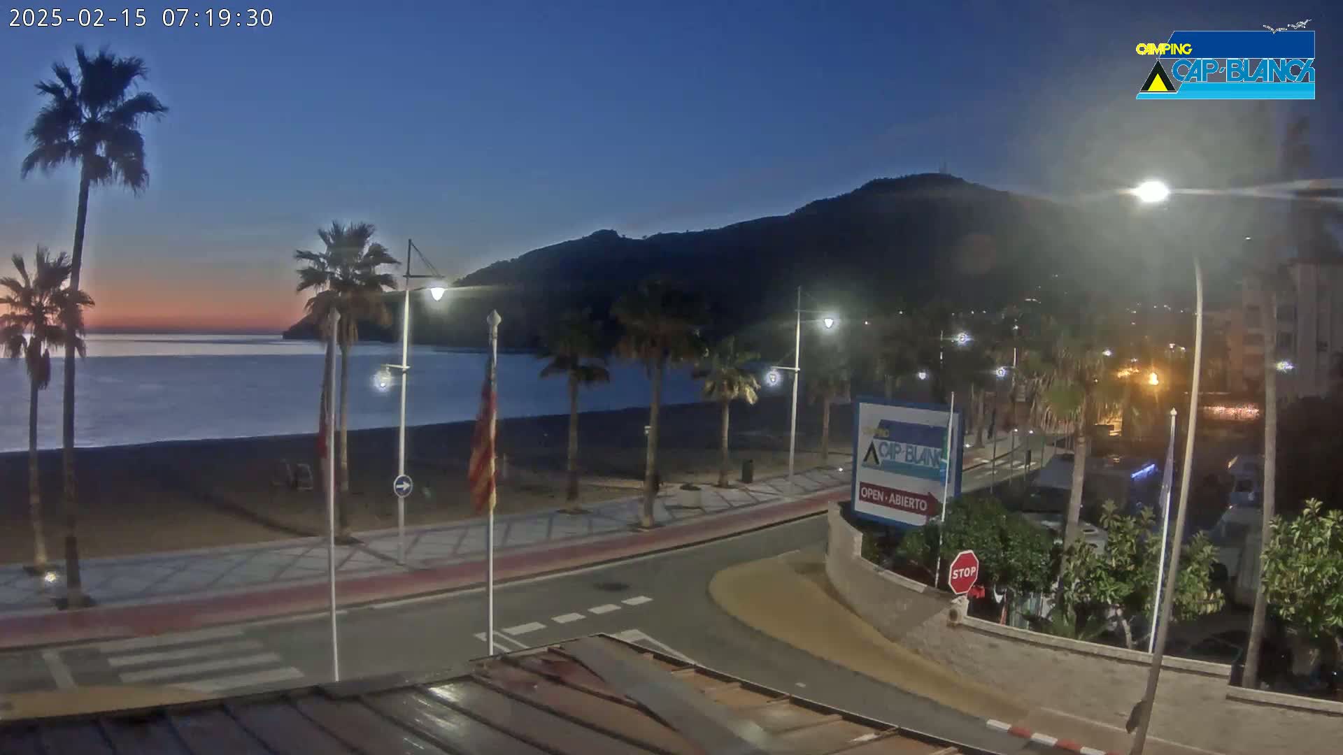 A calm, twilight view of a beachside promenade with palm trees, streetlights, and a calm sea under a clear, dark blue sky.